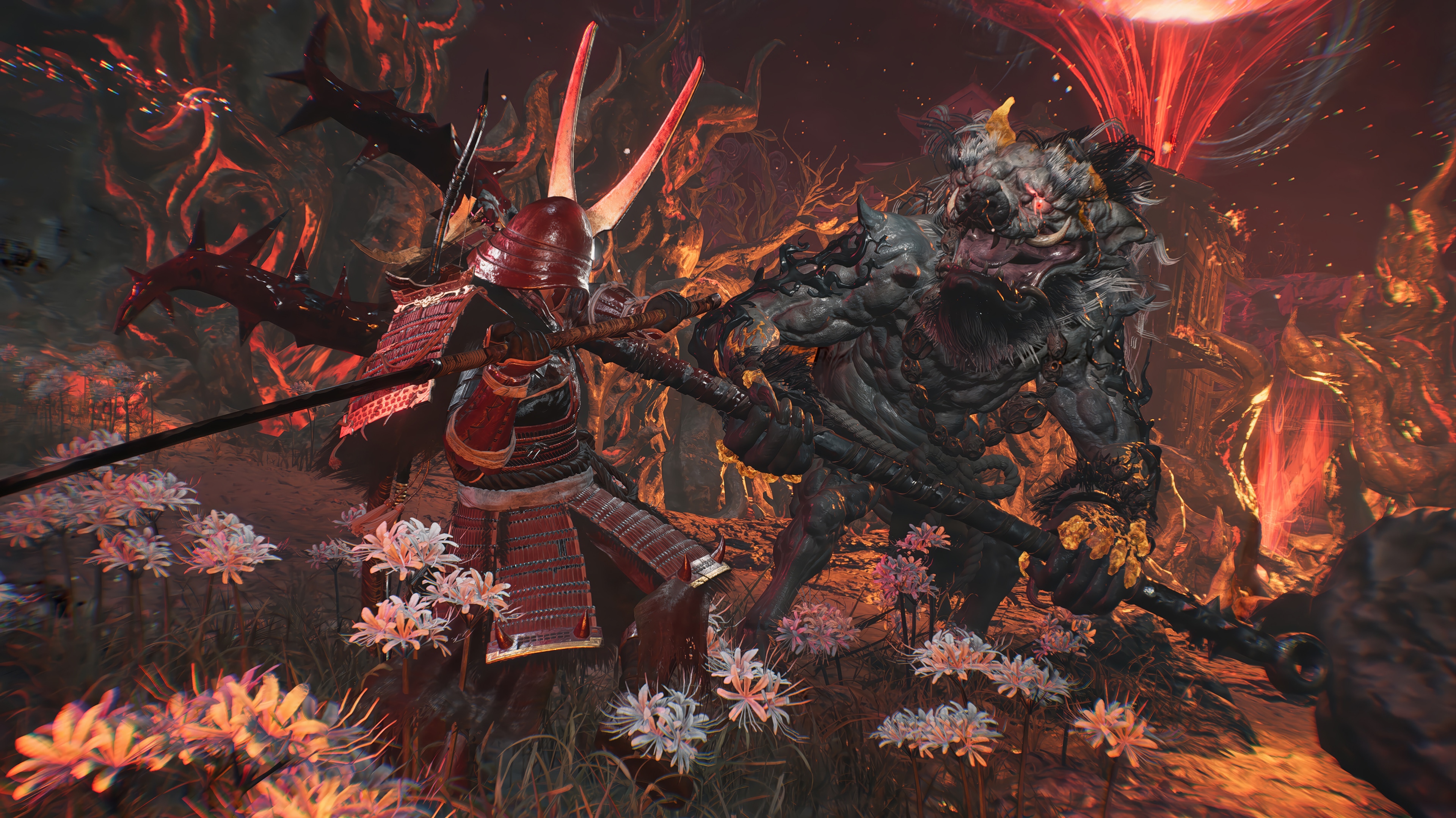 Samurai fighting a monster in Nioh 4K HD Wallpaper