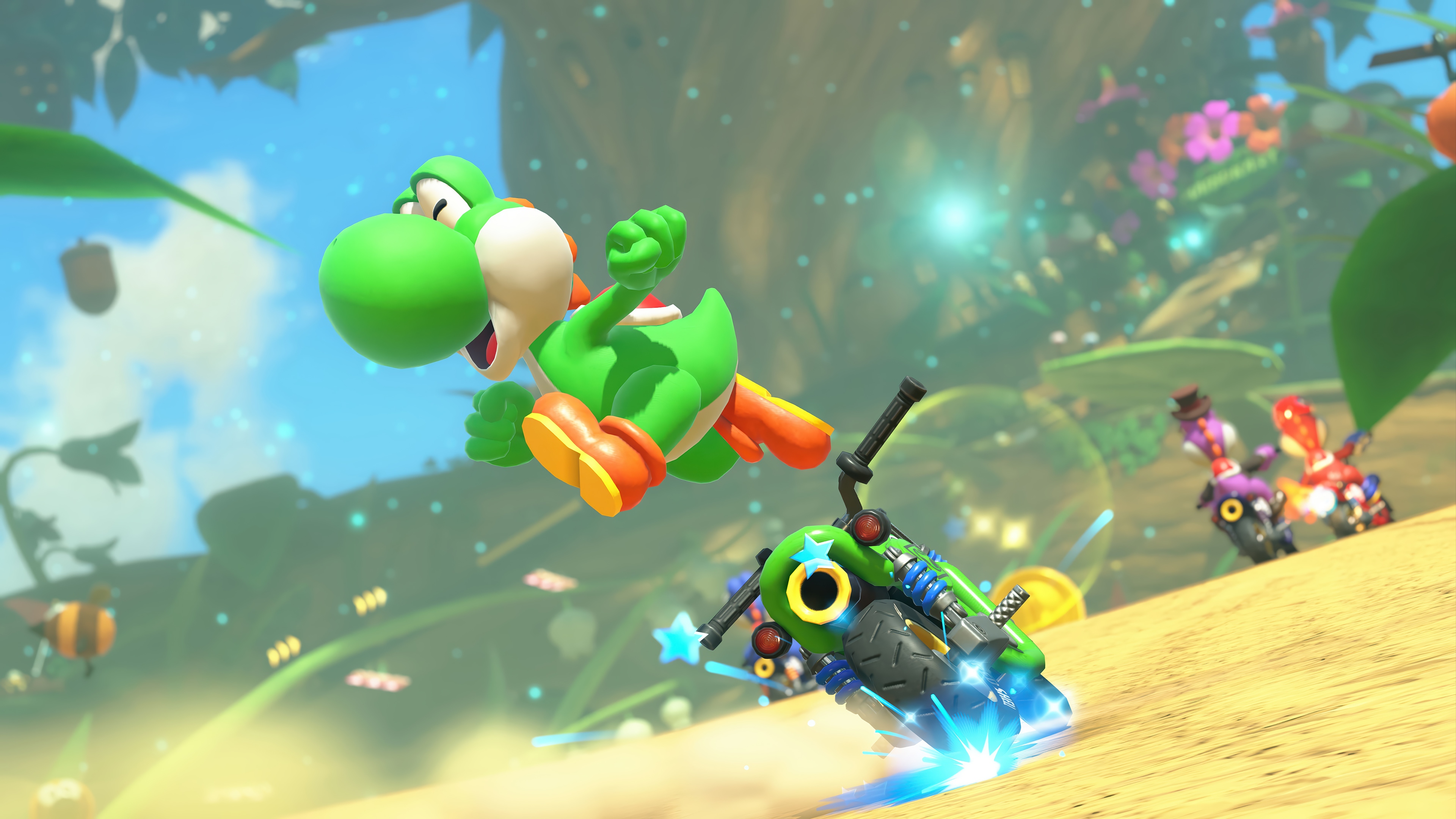 Mario Kart World 4K: Yoshi races on a green kart HD Wallpaper