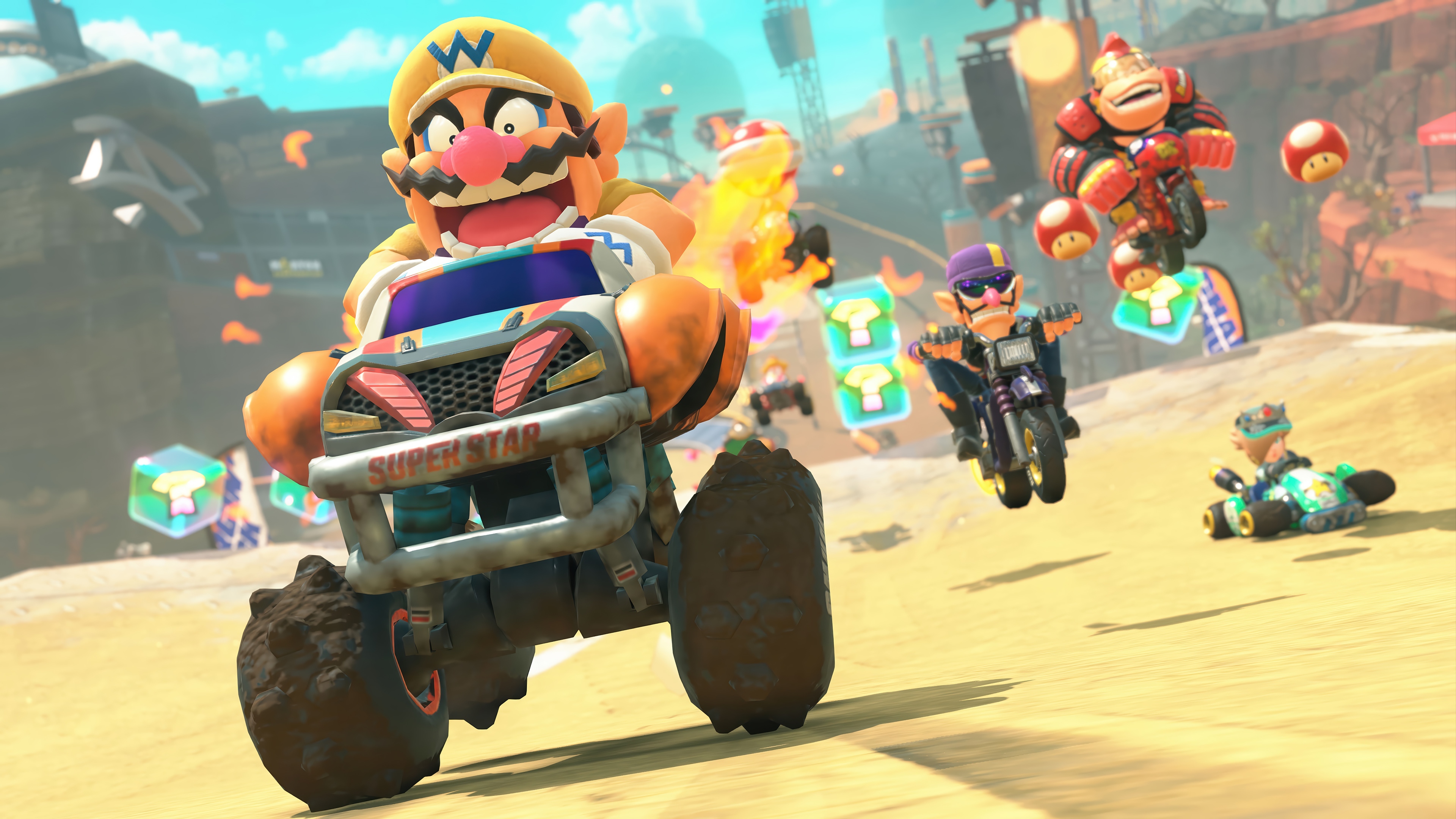 Mario Kart 8 Deluxe: Wario races in a desert track HD Wallpaper