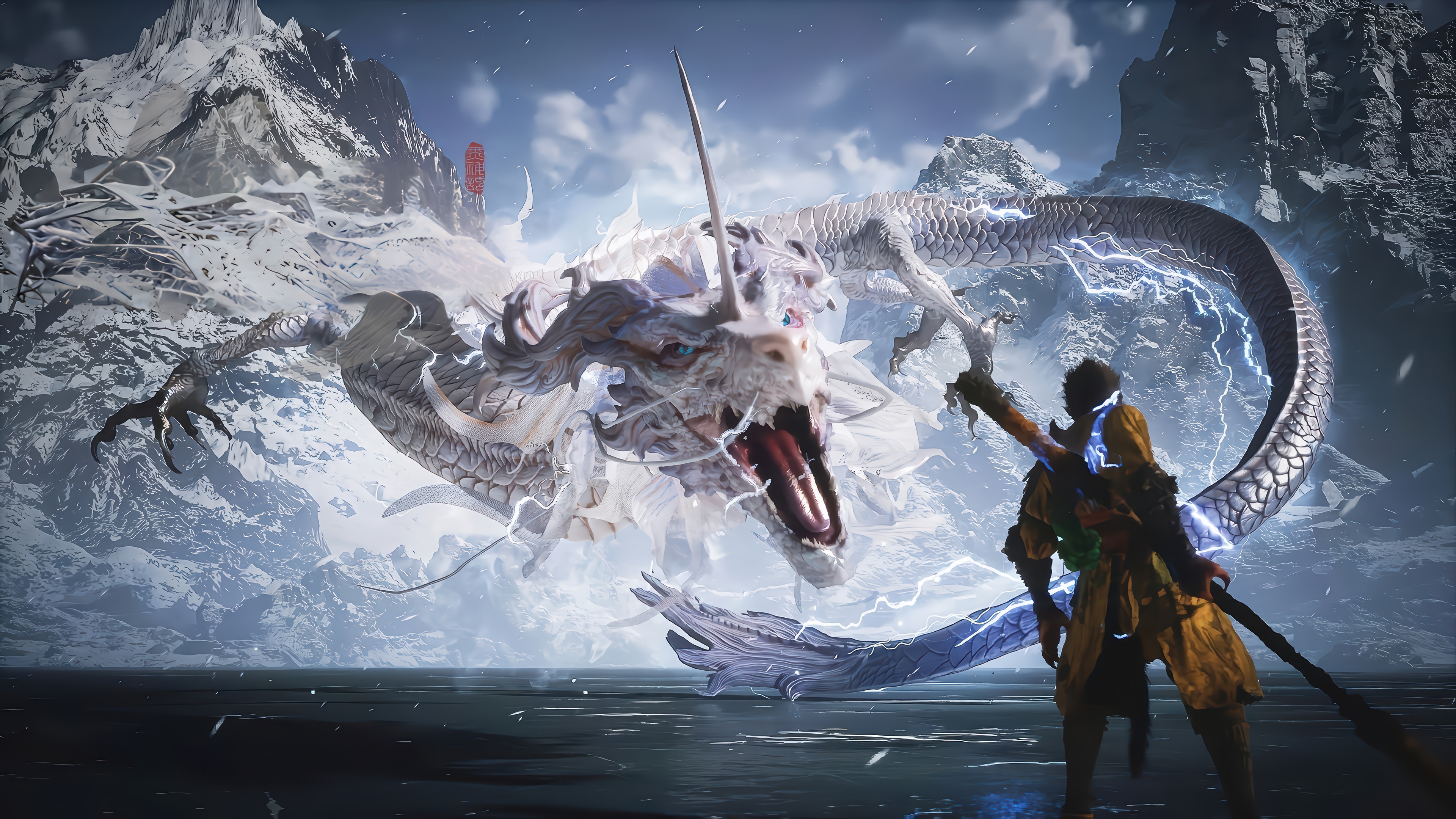 Myth Wukong Fights a White Dragon in Snowy Mountains 4K HD Wallpaper