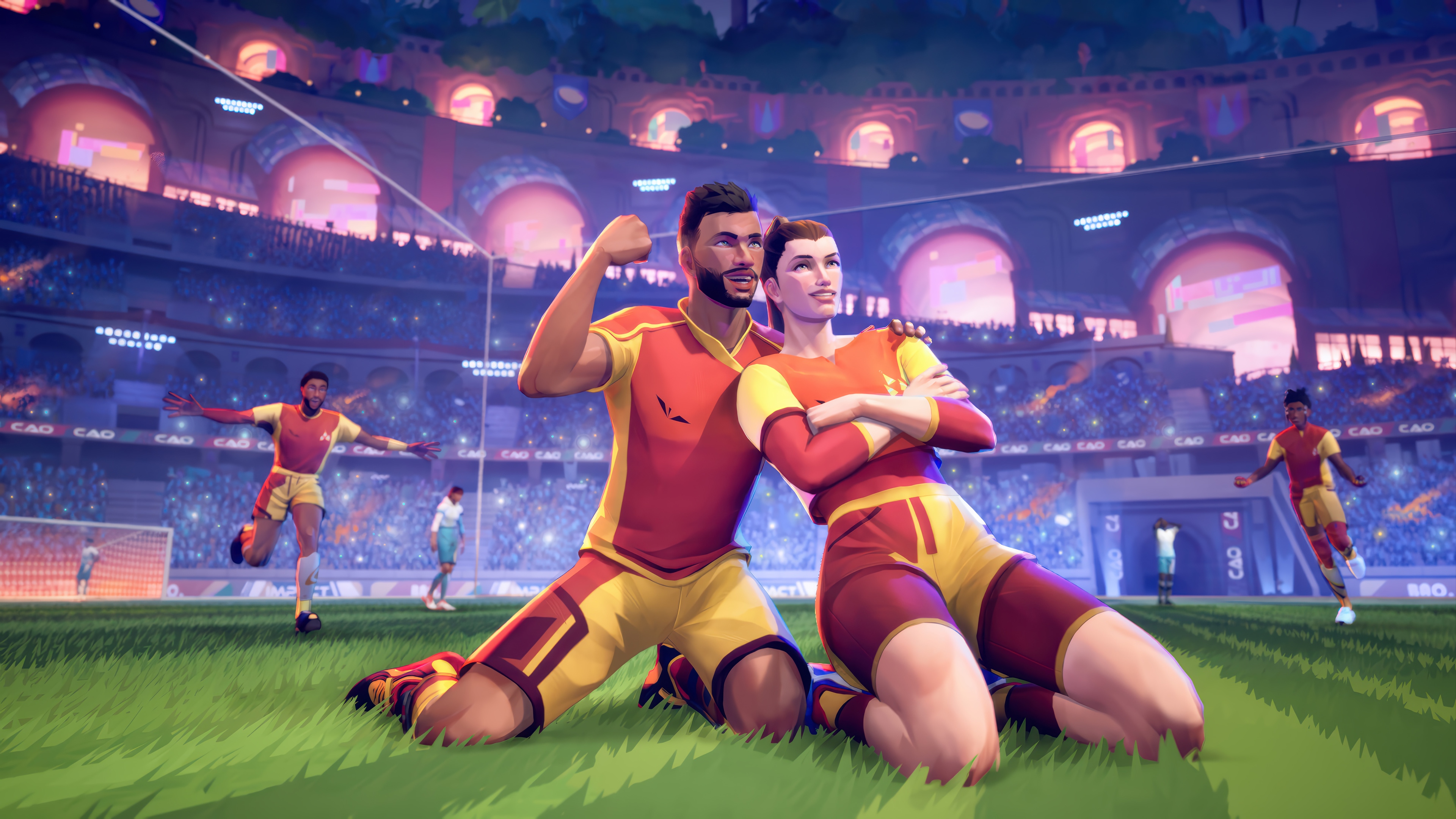 Soccer players celebrating in a stadium HD Wallpaper