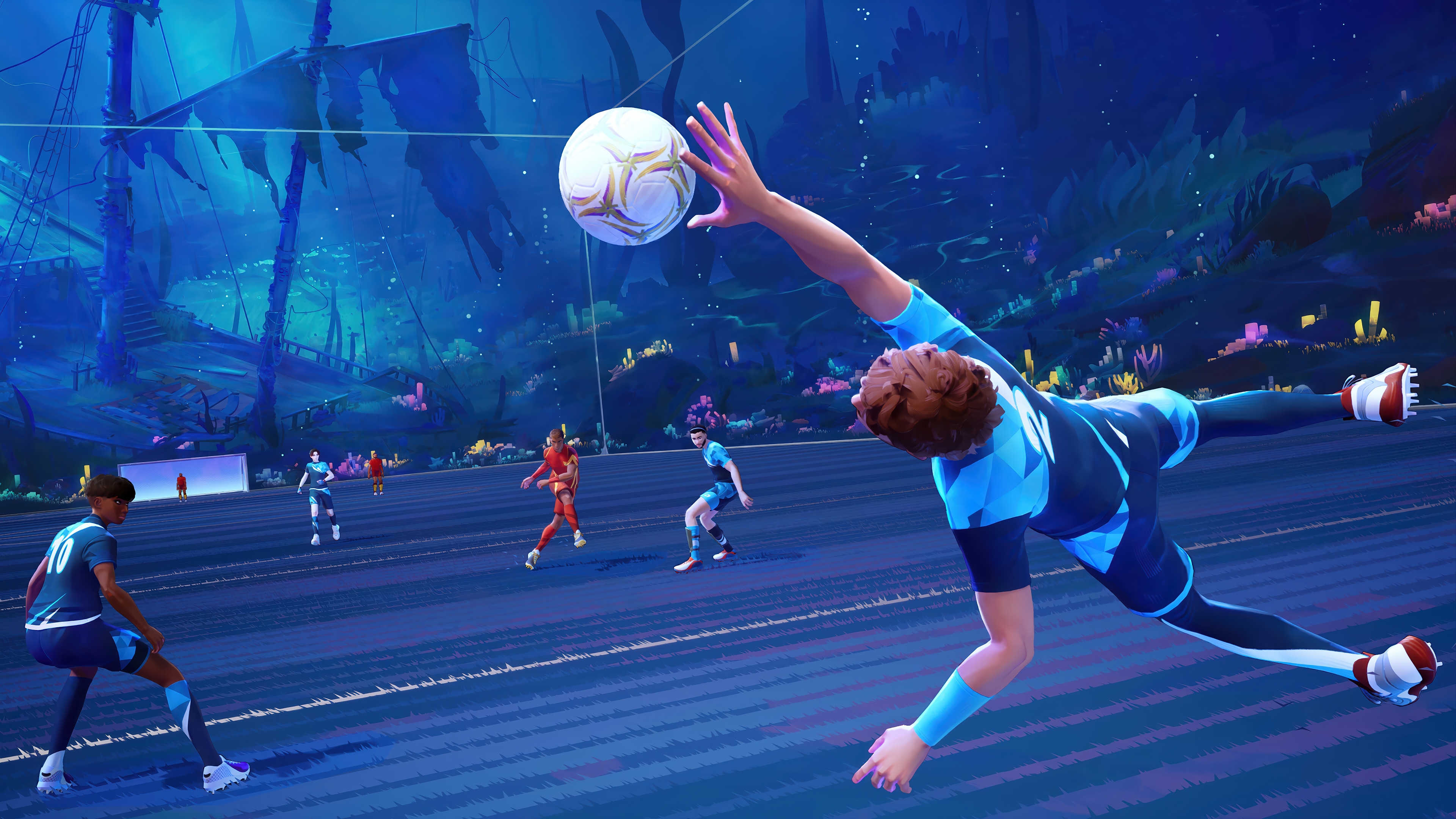 Soccer players in a futuristic underwater stadium HD Wallpaper