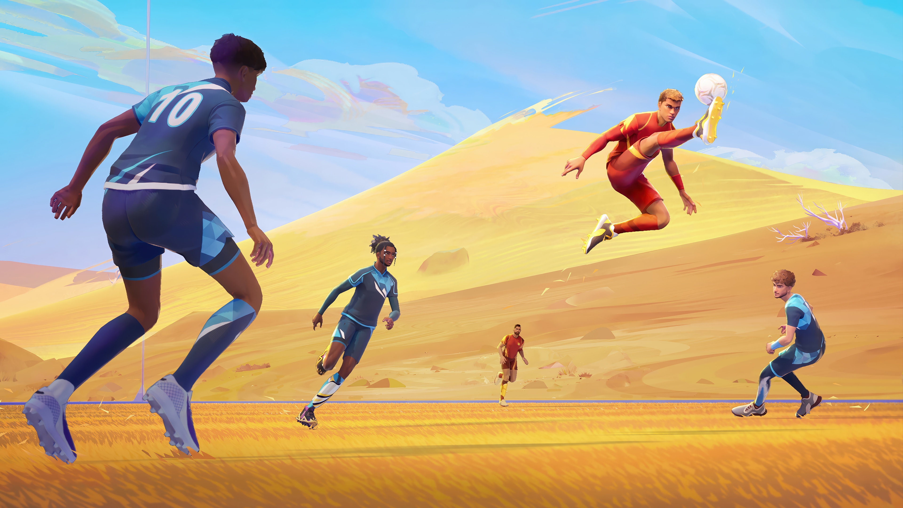 Soccer players in a desert landscape, 4K HD Wallpaper