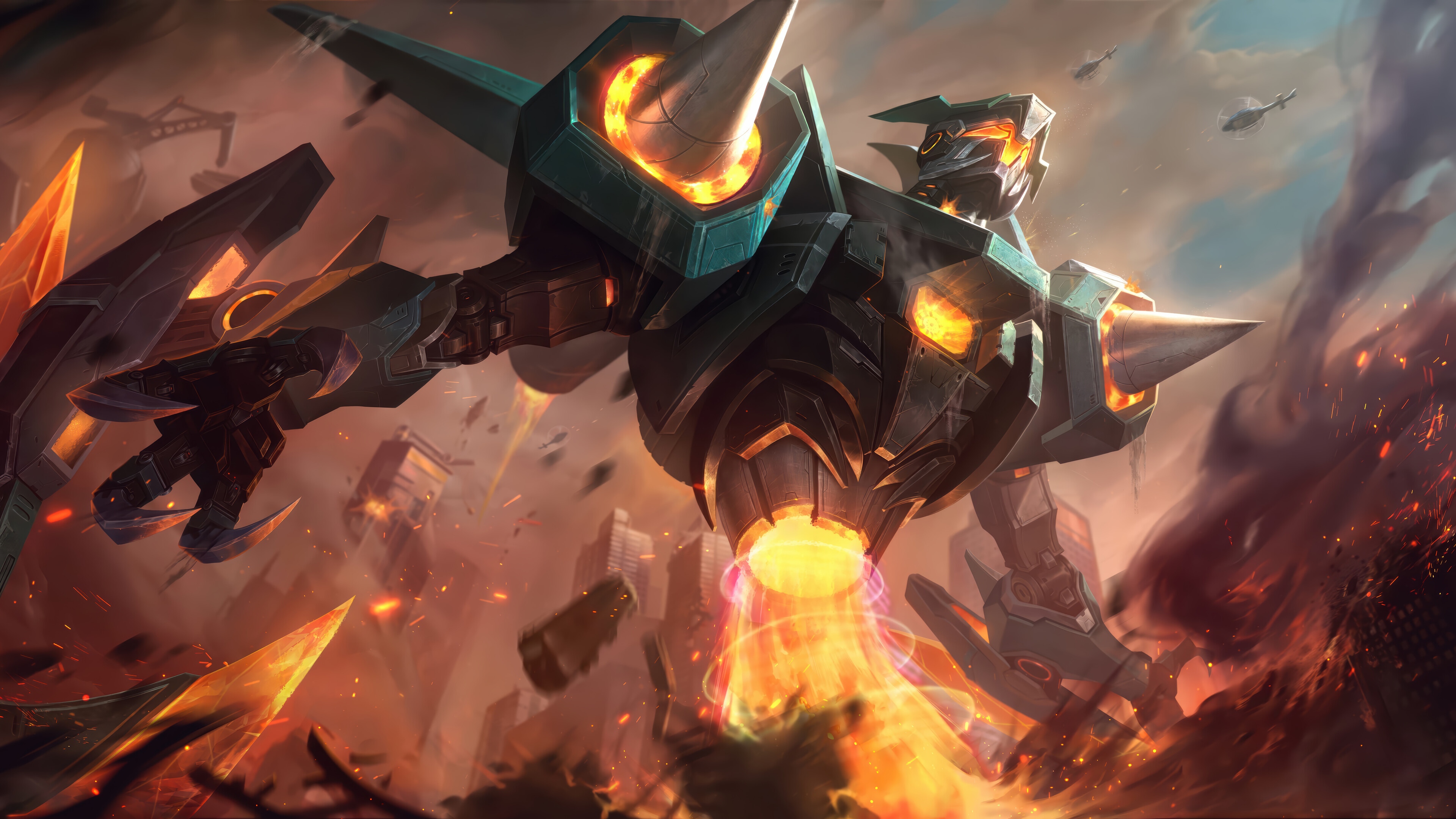 Mecha Nocturne in a fiery battle scene HD Wallpaper