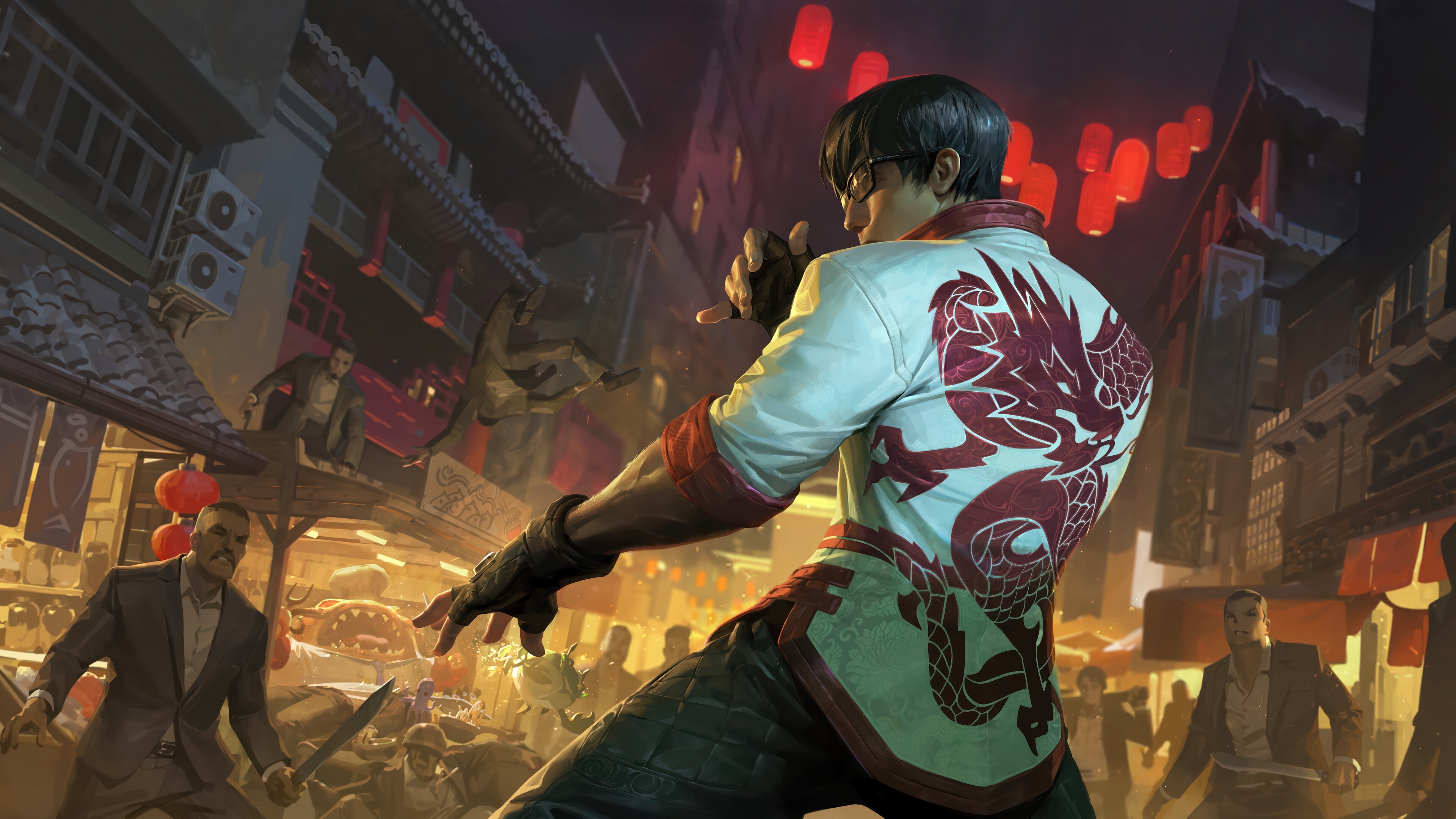 Lee Sin in a fight in a Chinese market HD Wallpaper