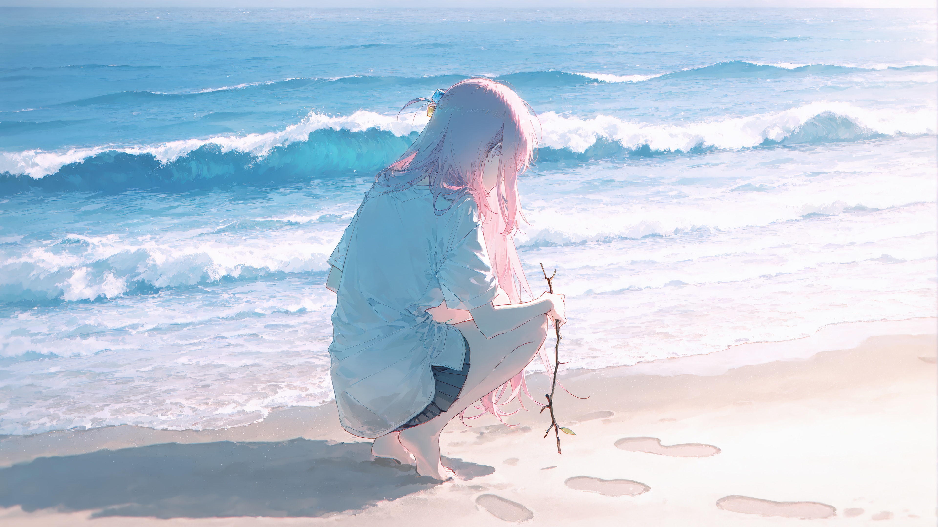 Anime Girl with Pink Hair on a Beach HD Wallpaper