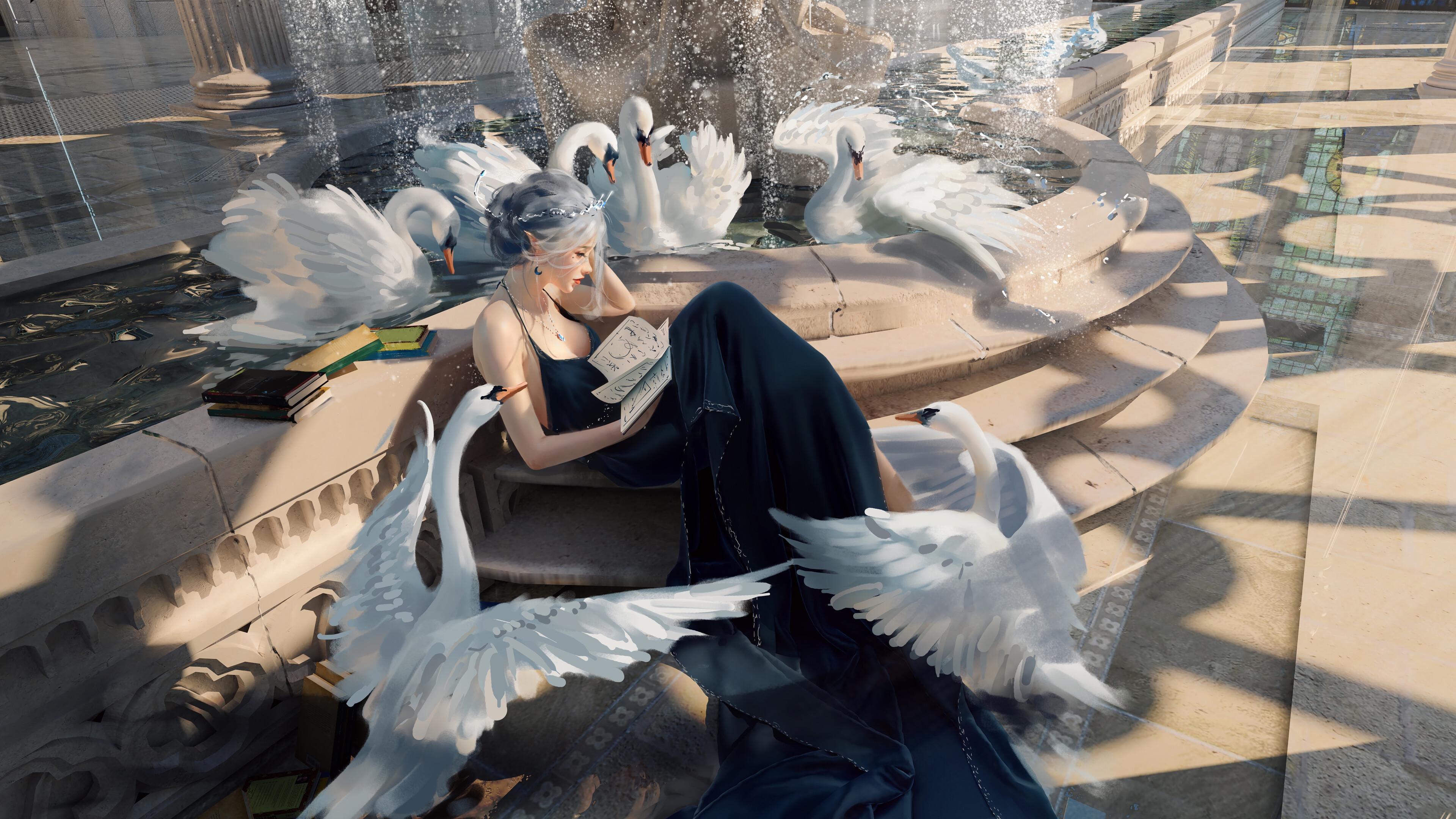 Anime Girl Reading by Fountain with Swans 4K HD Wallpaper