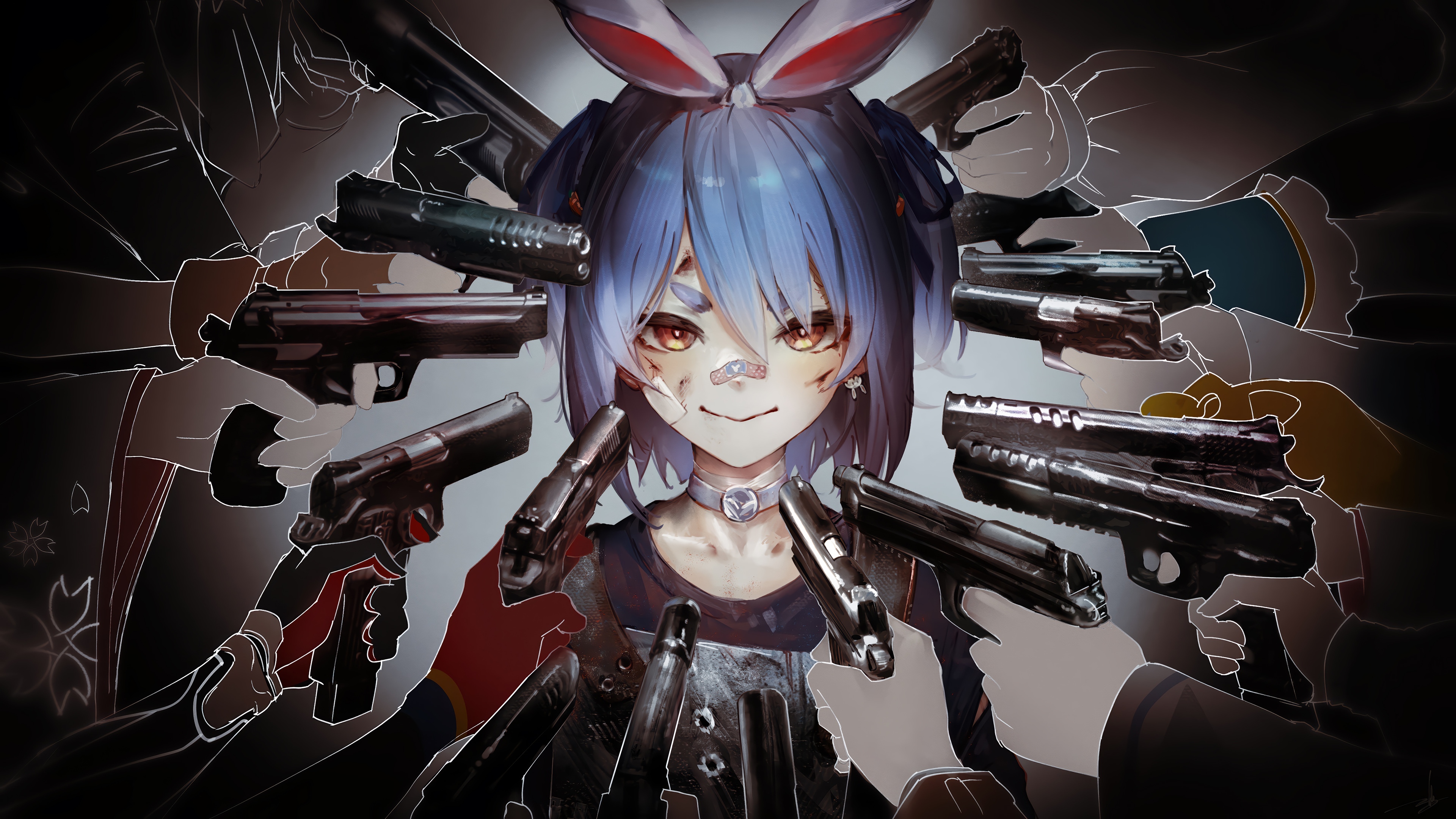 Anime girl with bunny ears surrounded by guns HD Wallpaper