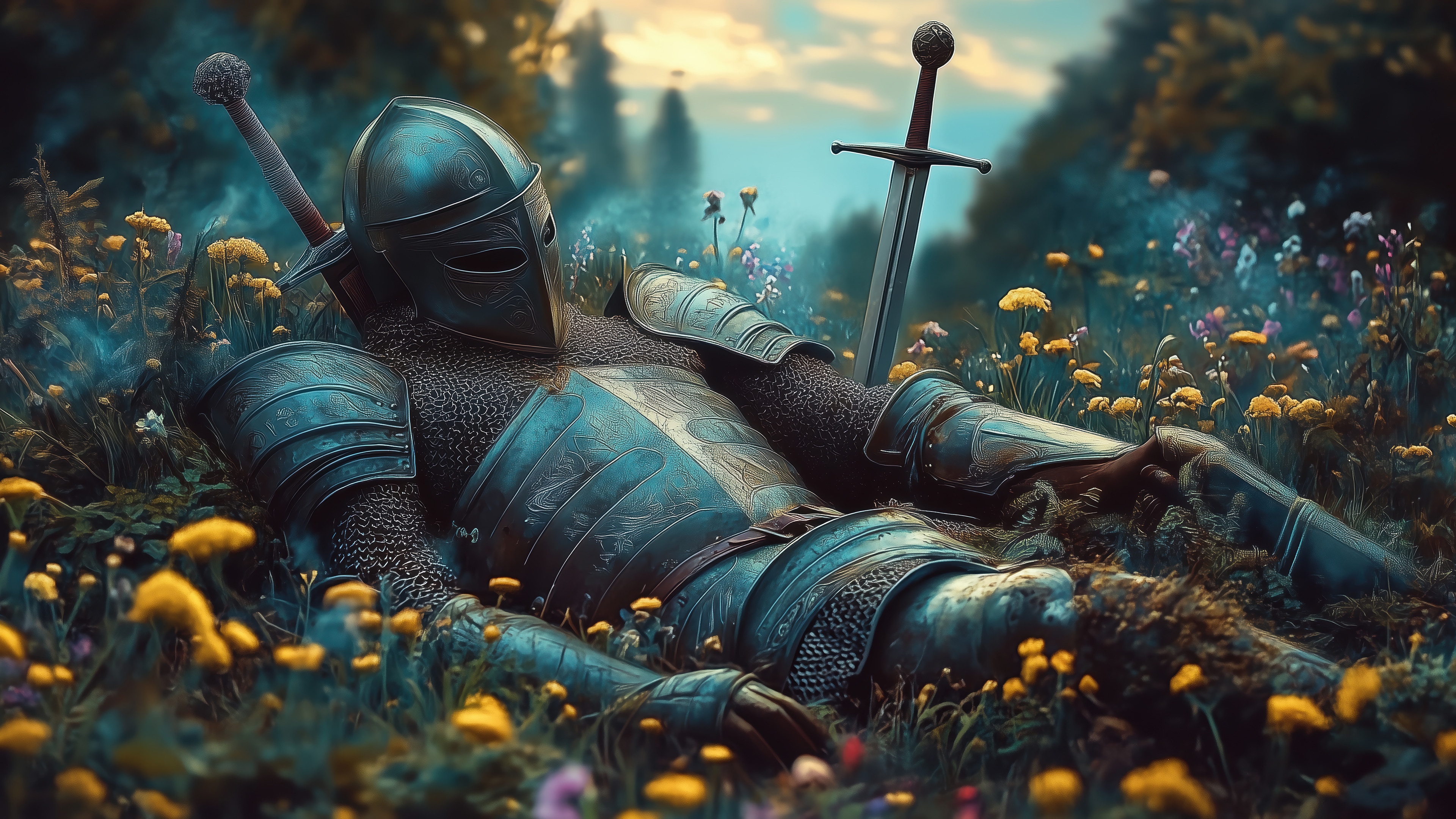 Knight in Armor Resting in a Field of Flowers 4K HD Wallpaper
