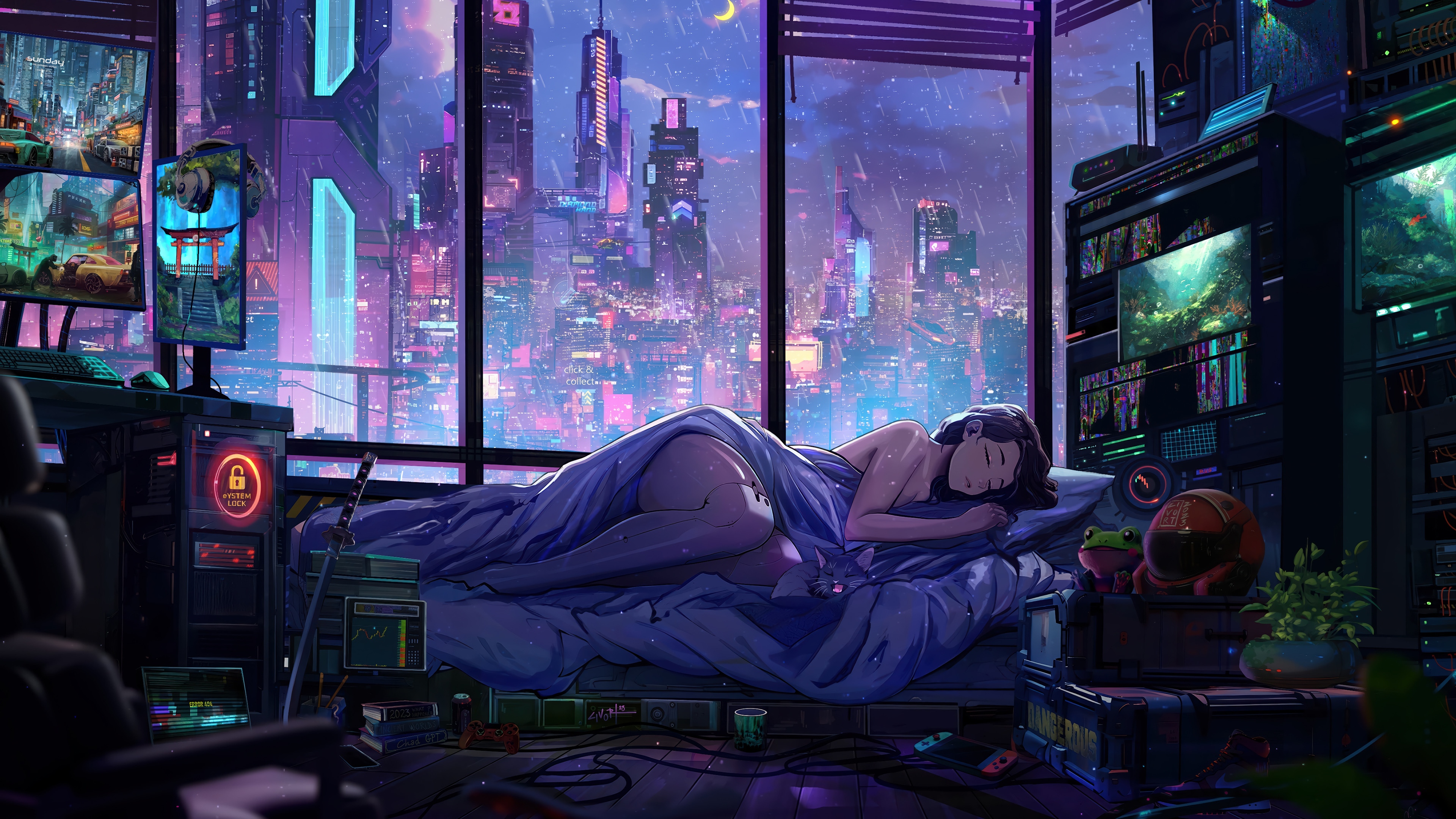 Girl Sleeping in a Cyberpunk City Apartment 4K HD Wallpaper