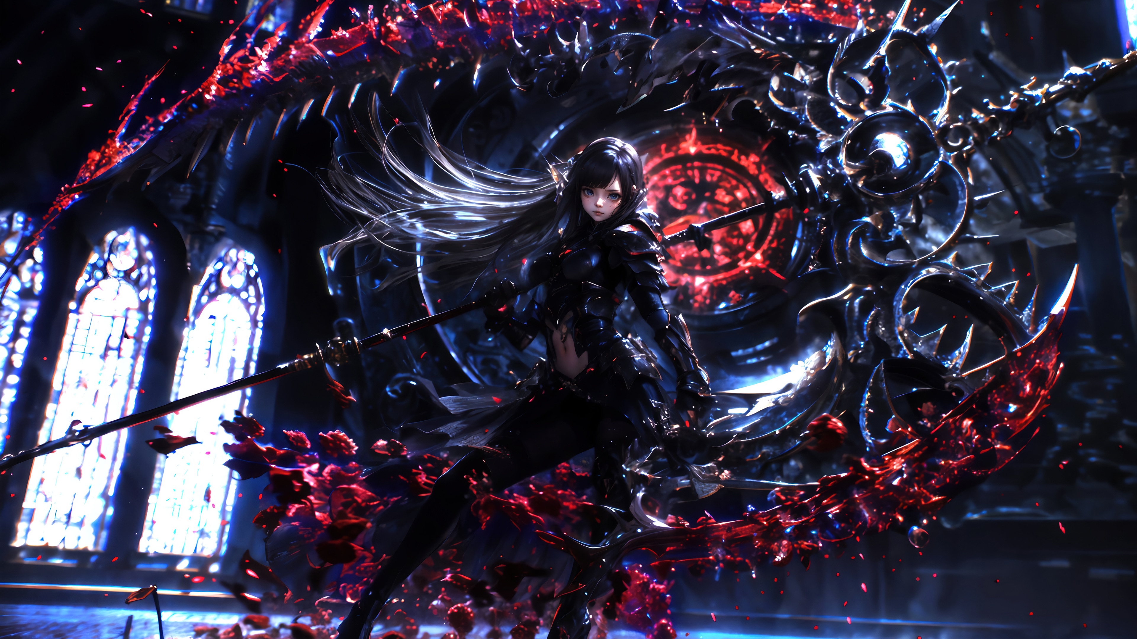 Anime Warrior Girl with Scythe in Fantasy Setting 4K HD Wallpaper