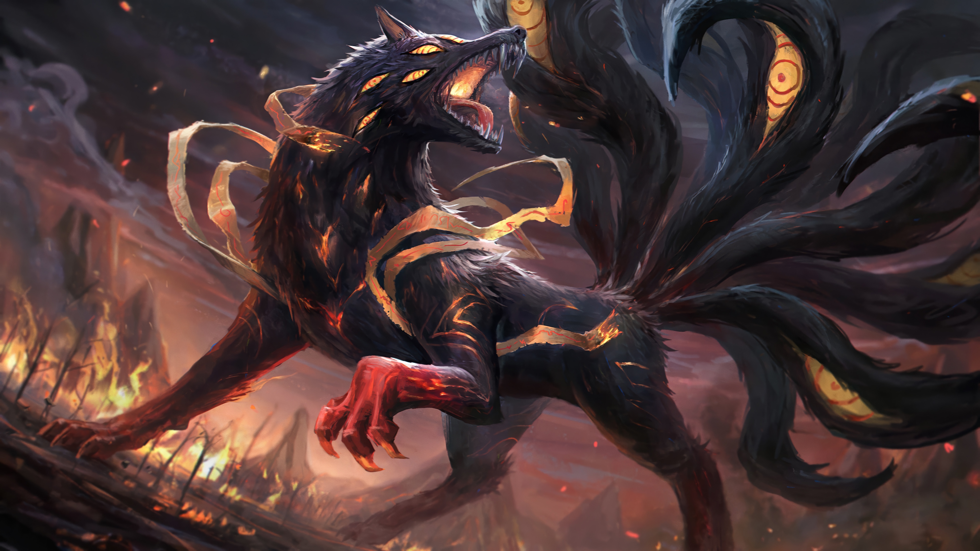 Demon Fox with multiple tails in a fiery landscape HD Wallpaper