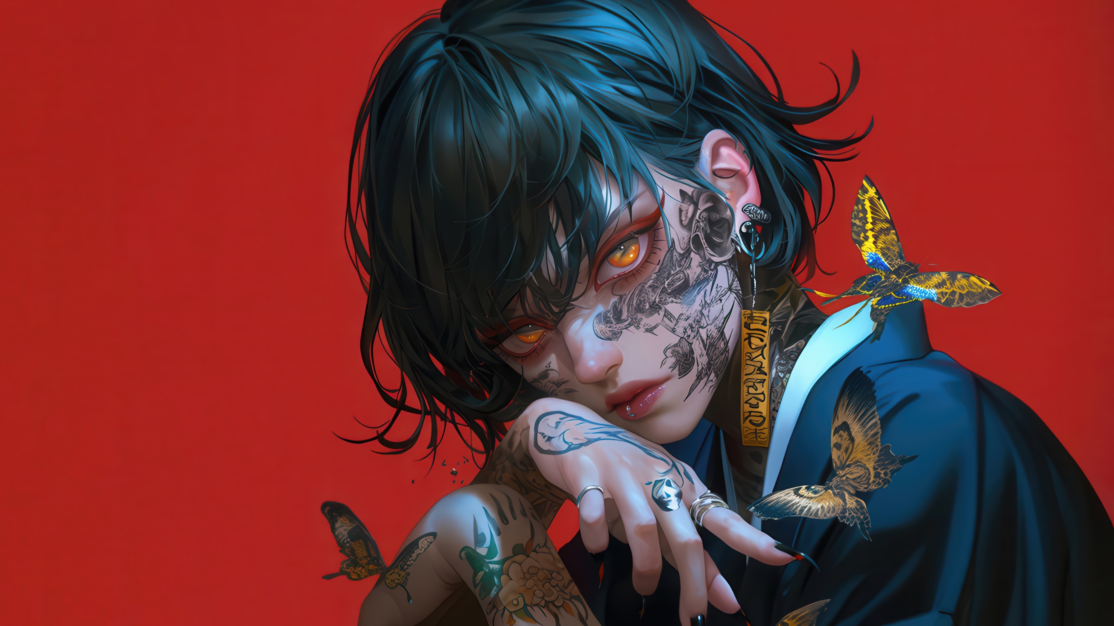 Anime Girl with Tattoos and Butterflies 4K HD Wallpaper
