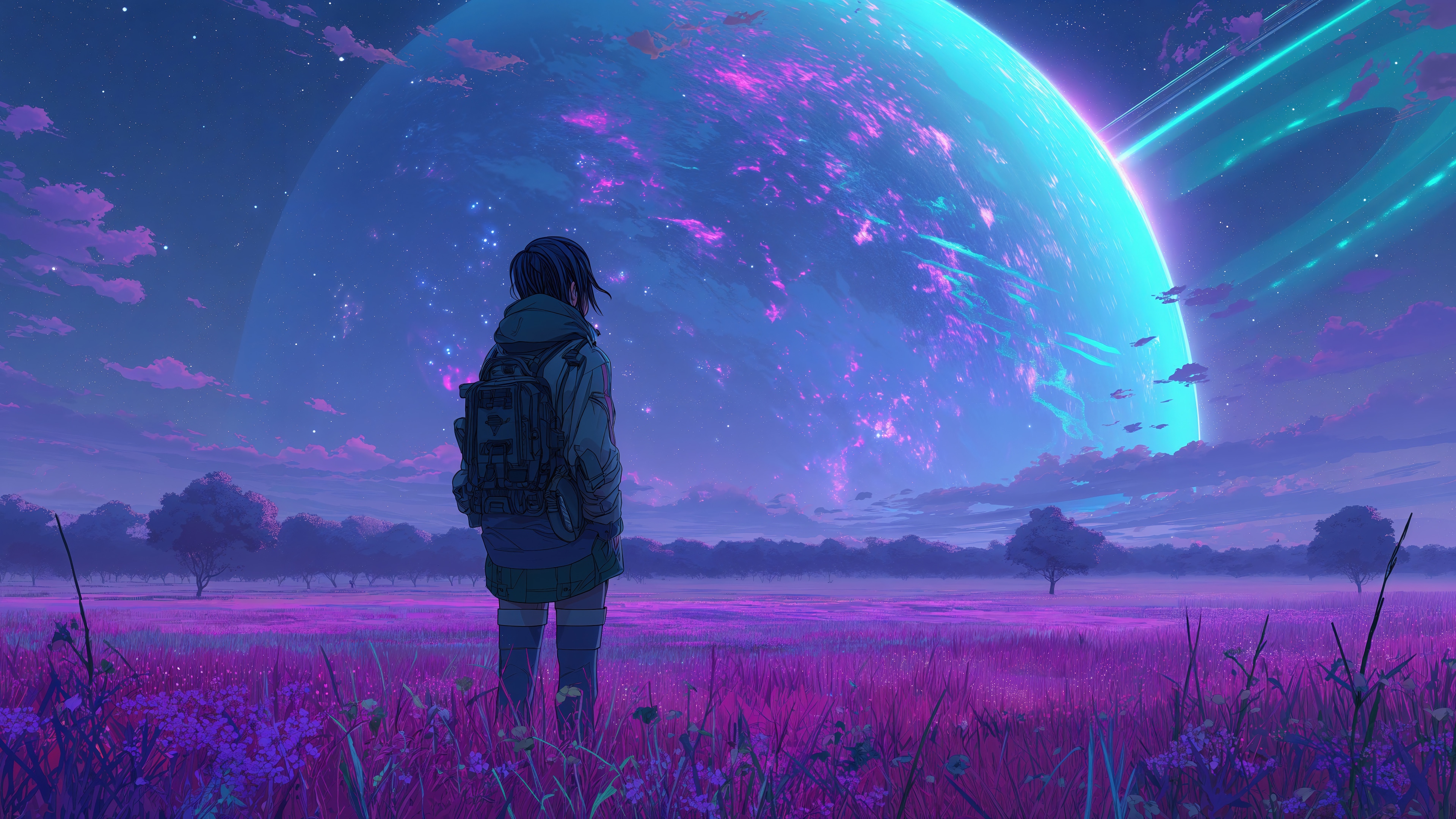 Anime Girl Looking at a Ringed Planet HD Wallpaper