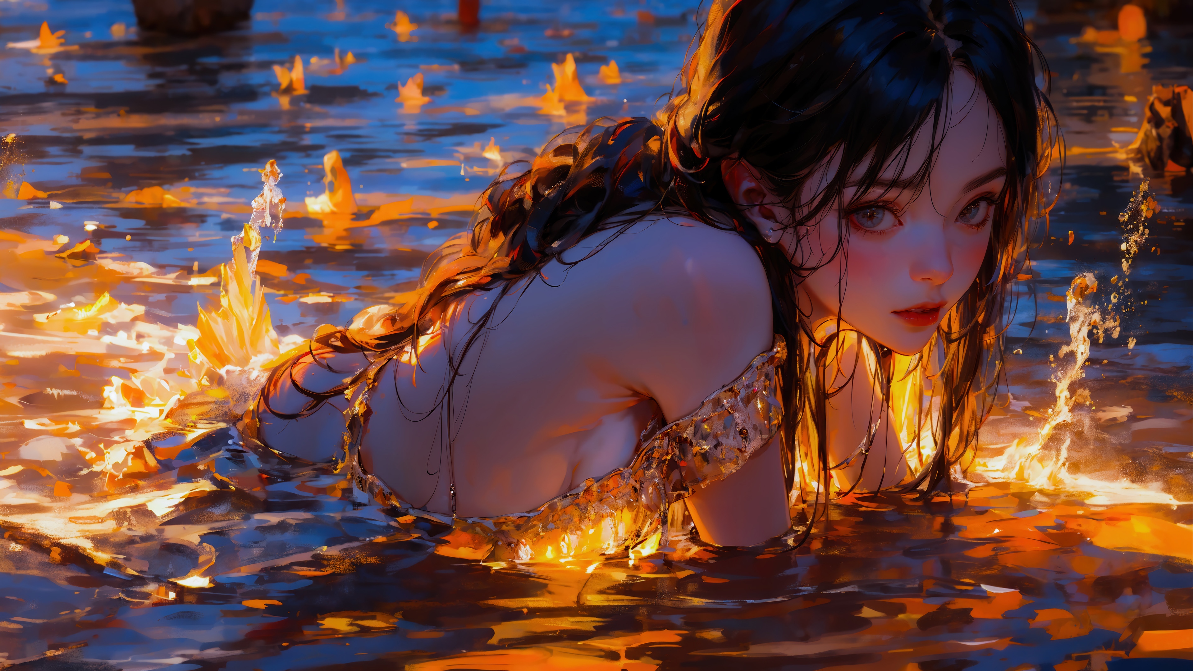 Fantasy Girl in Fiery Water 4K HD Wallpaper