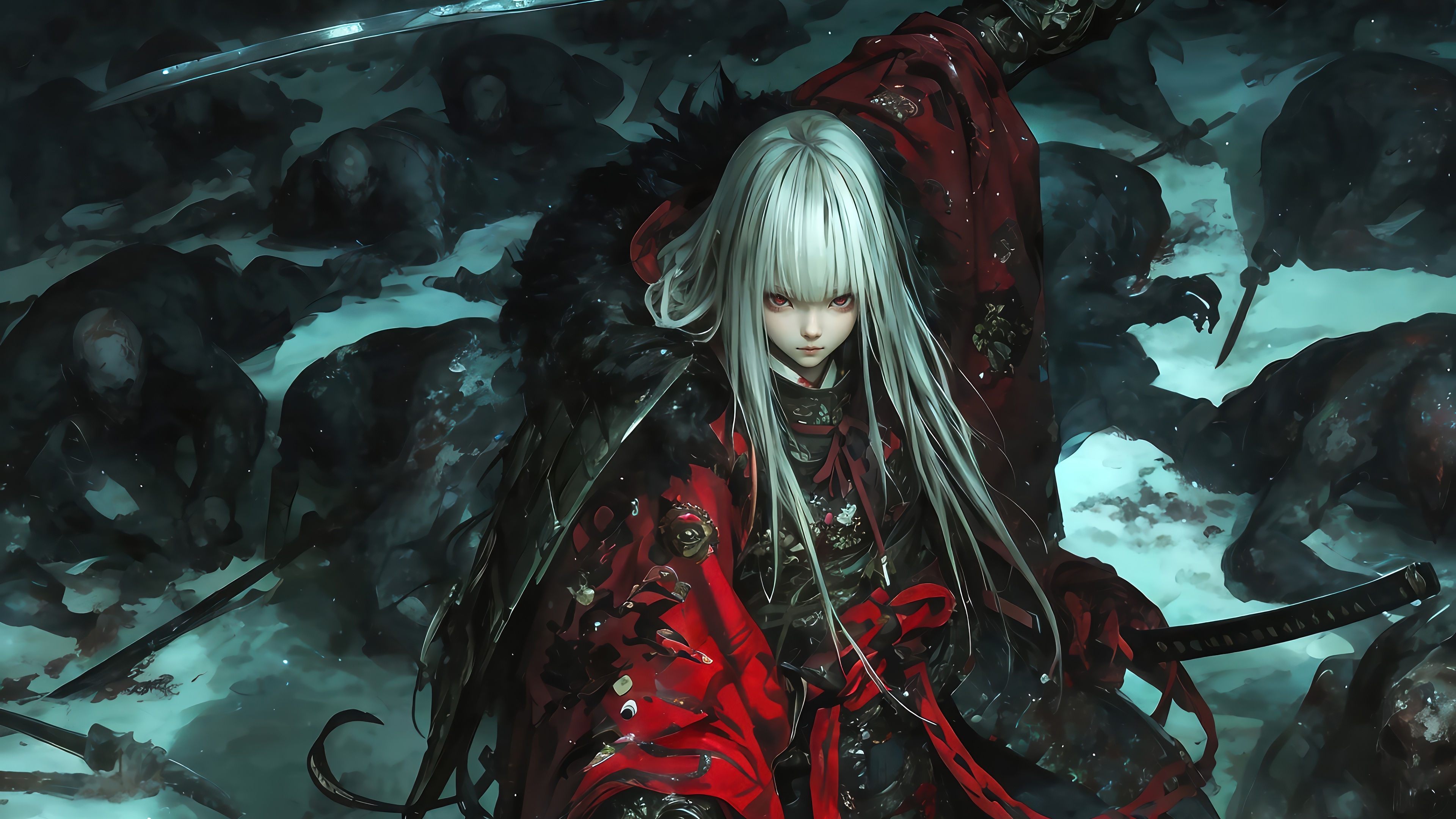 Anime Girl in Red Robes Amidst Fallen Warriors 4K HD Wallpaper
