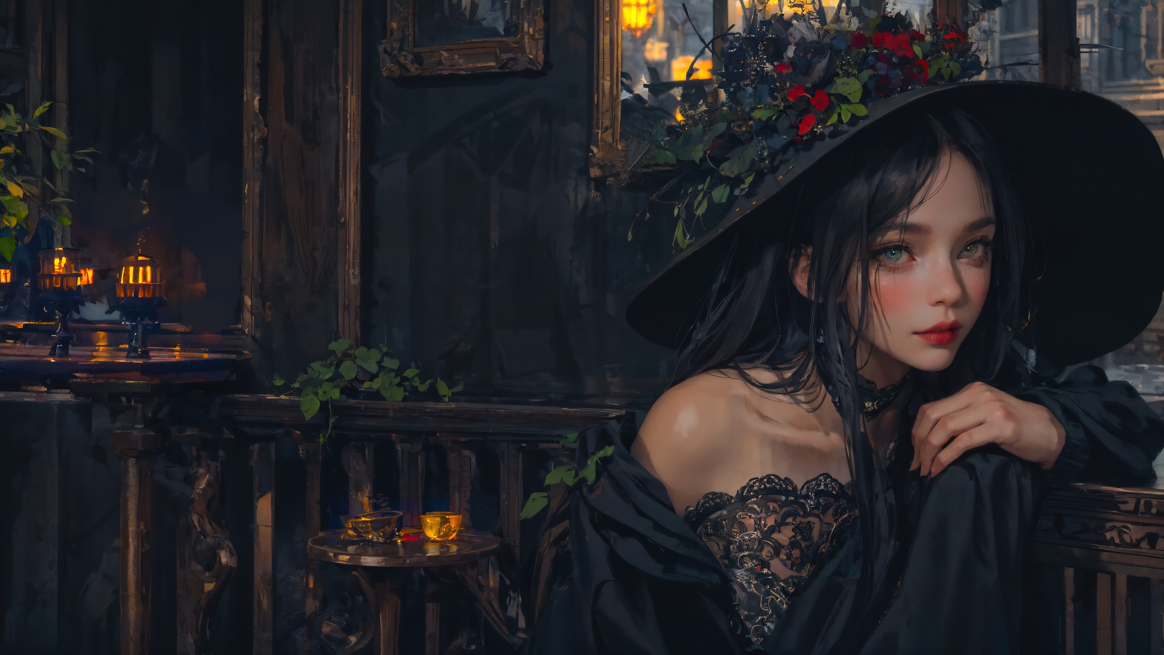 Fantasy Witch in a dark room 4K HD Wallpaper