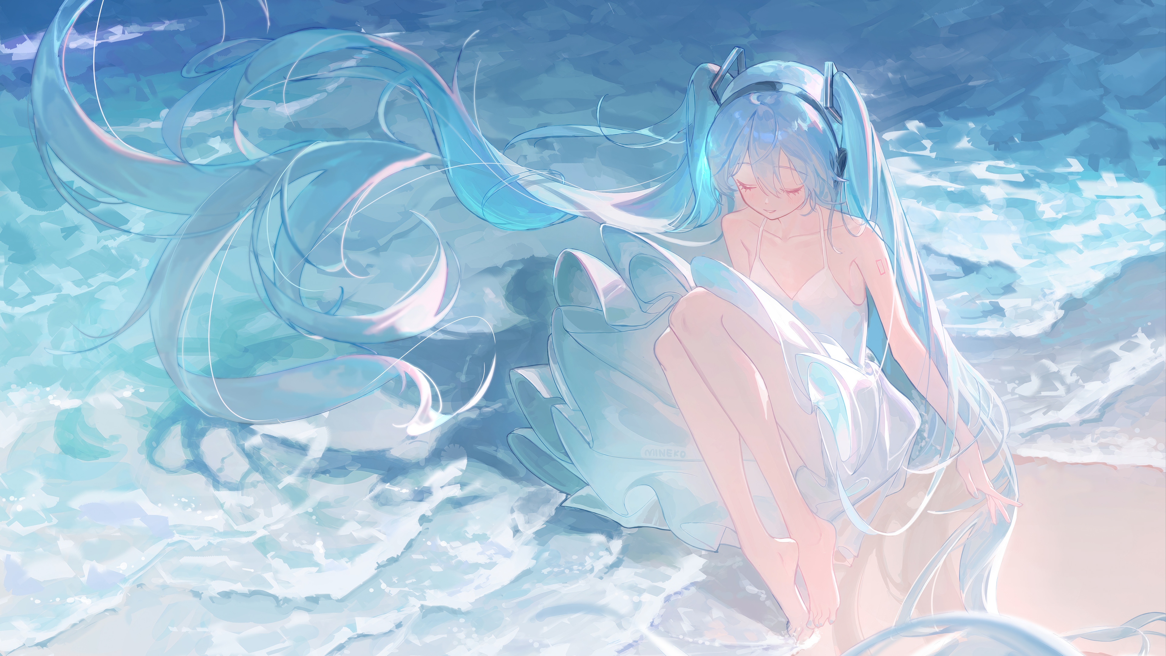 Hatsune Miku on a Beach with Waves 4K HD Wallpaper