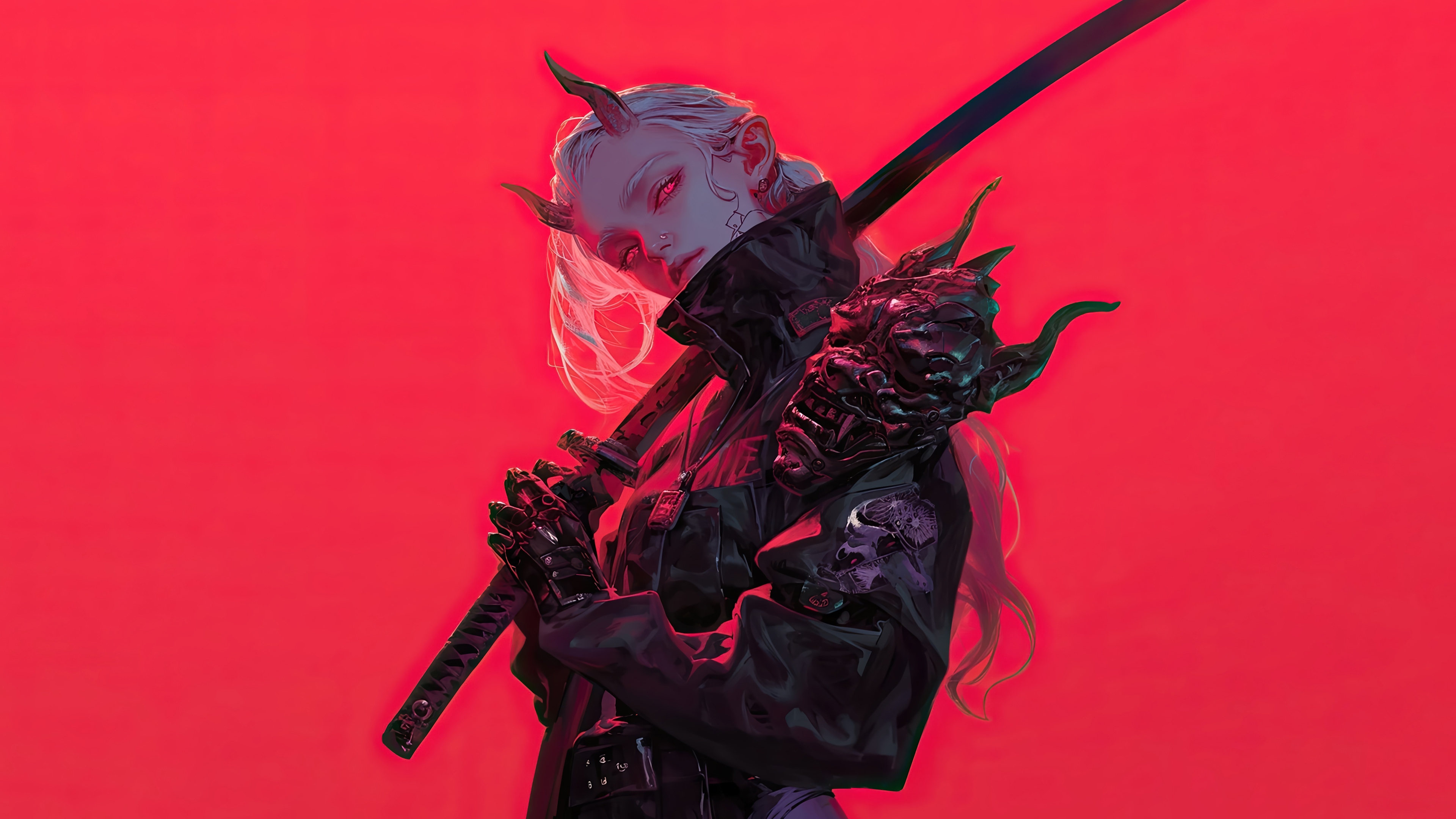 Demon Girl with Katana and Mask 4K HD Wallpaper