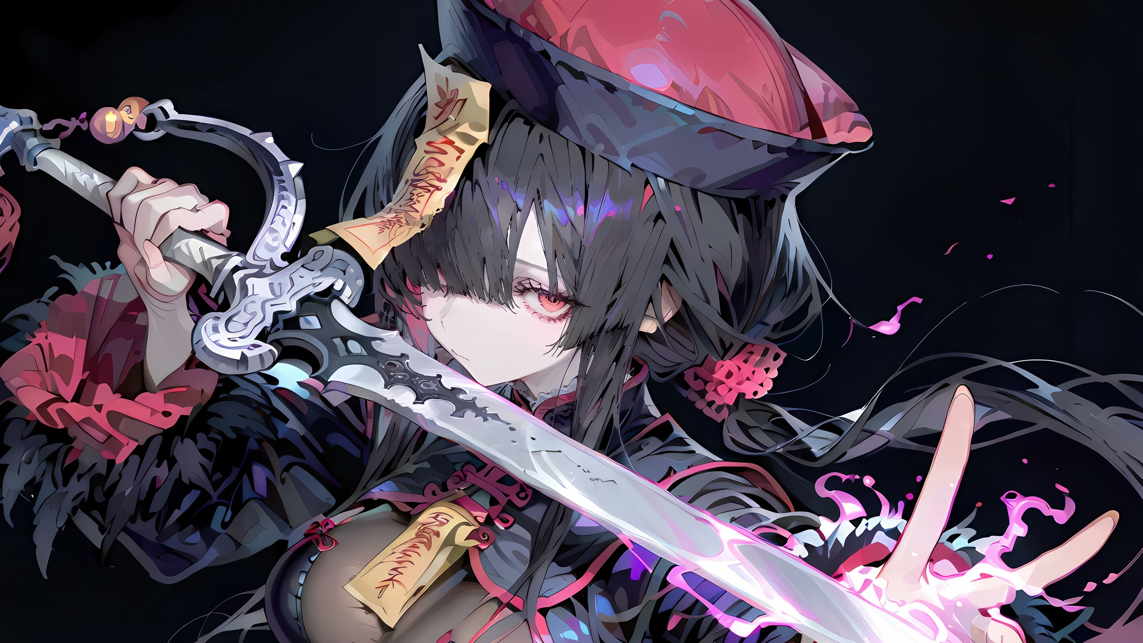 Anime Girl with Sword and Jiangshi Outfit 4K HD Wallpaper