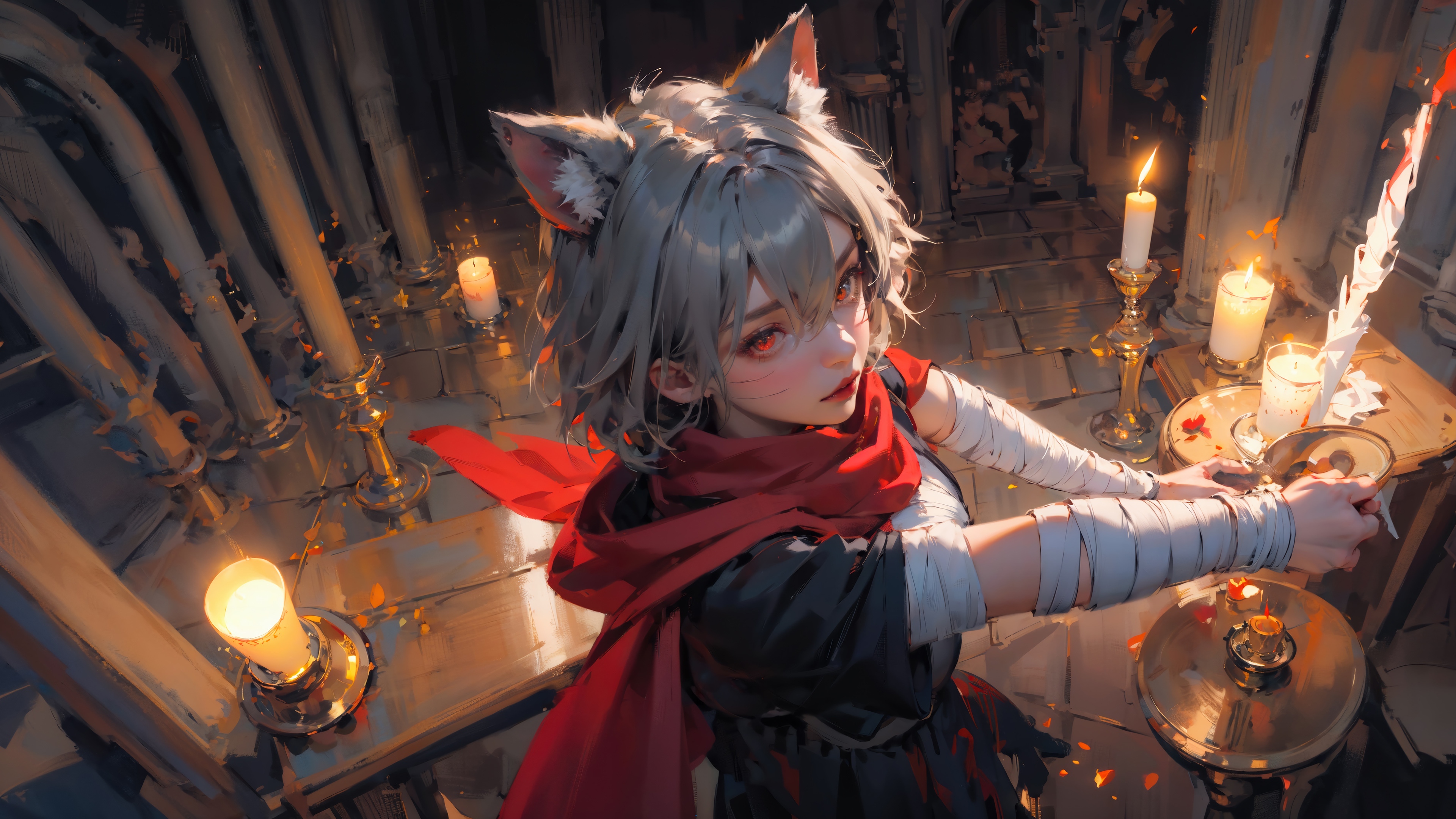 Fantasy Girl with Wolf Ears and Red Scarf 4K HD Wallpaper