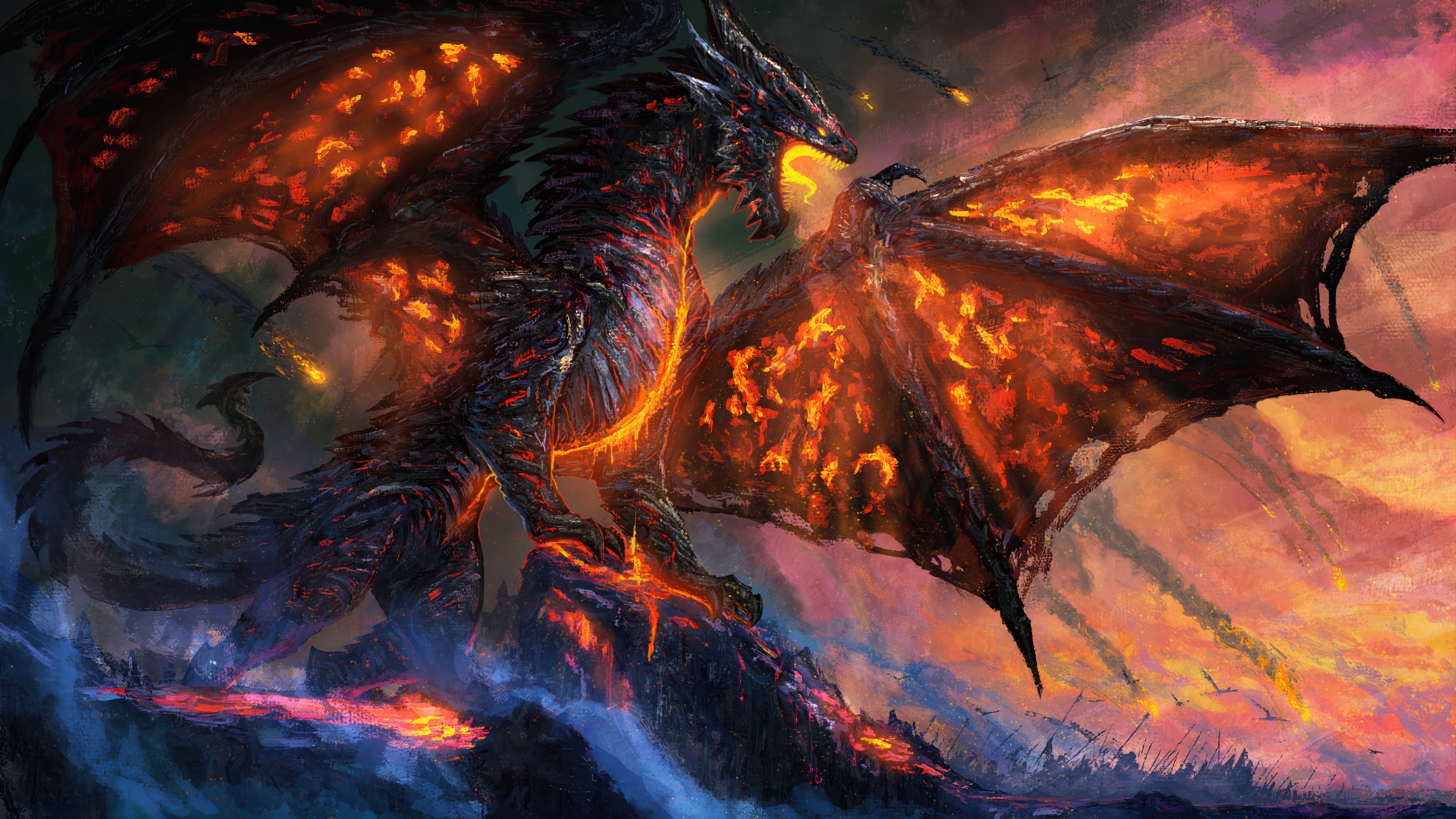 Fiery Dragon in a Volcanic Landscape 4K HD Wallpaper