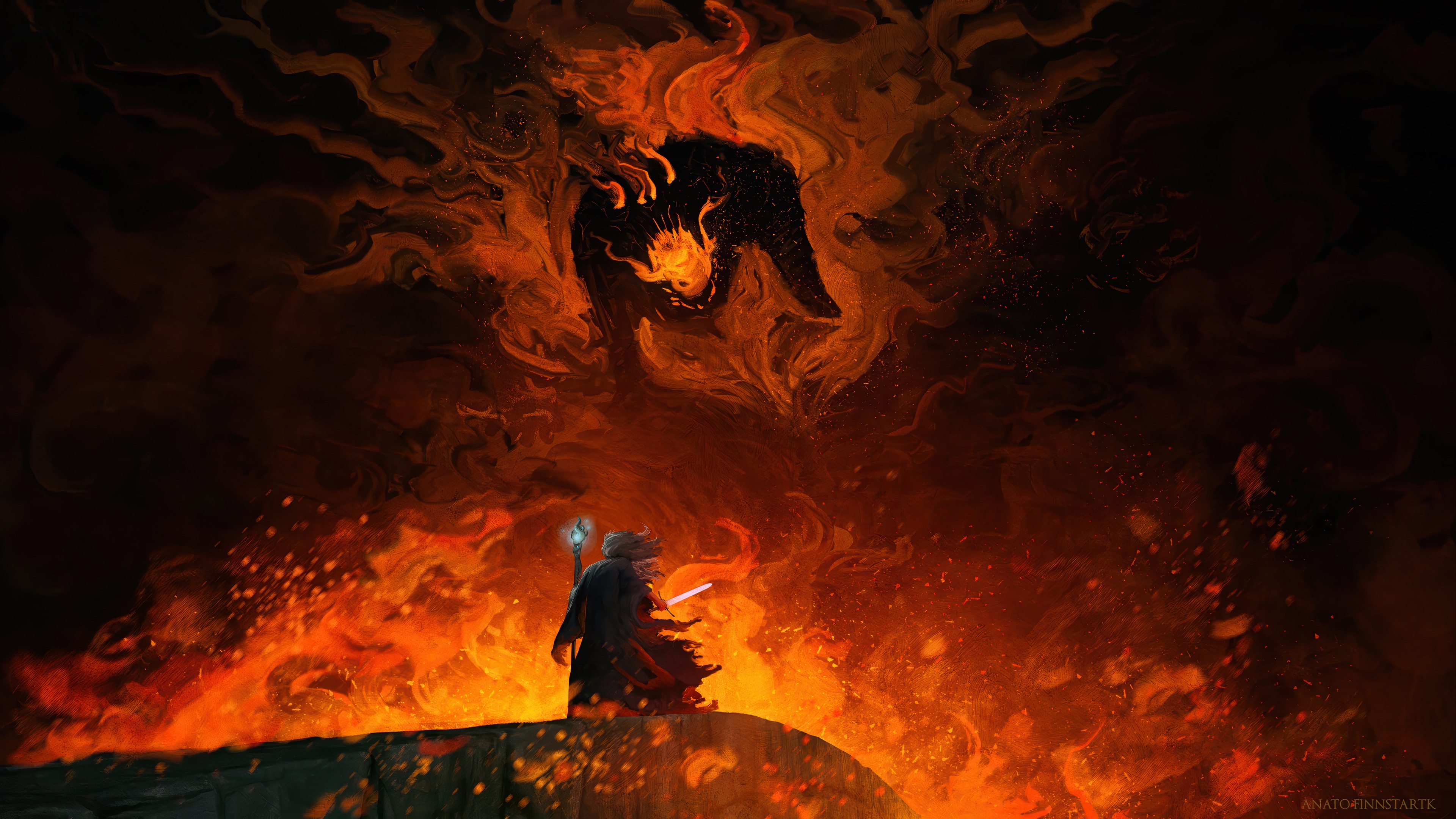Gandalf and Balrog in a fiery abyss HD Wallpaper