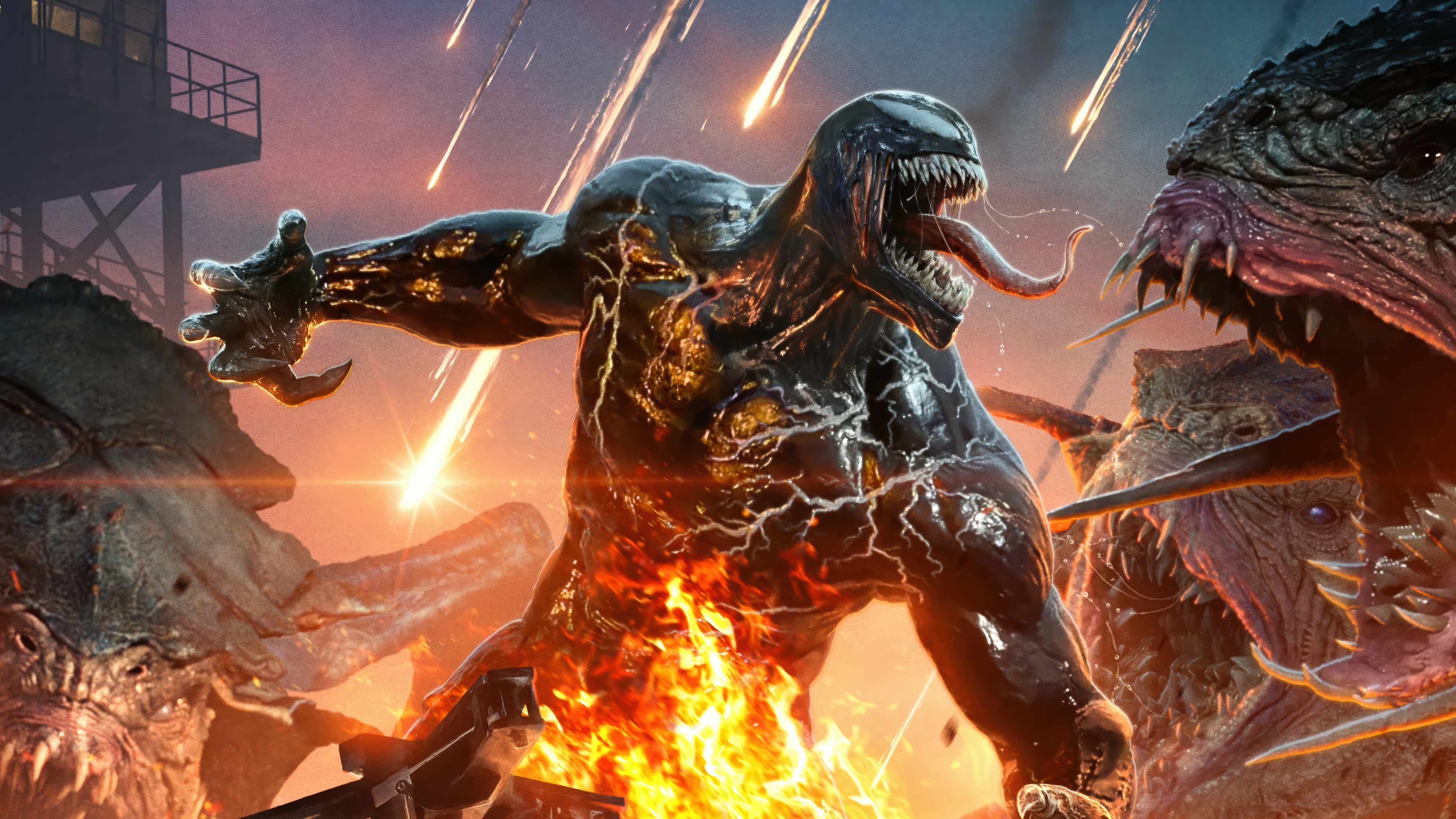 Venom fighting monsters with meteors falling HD Wallpaper