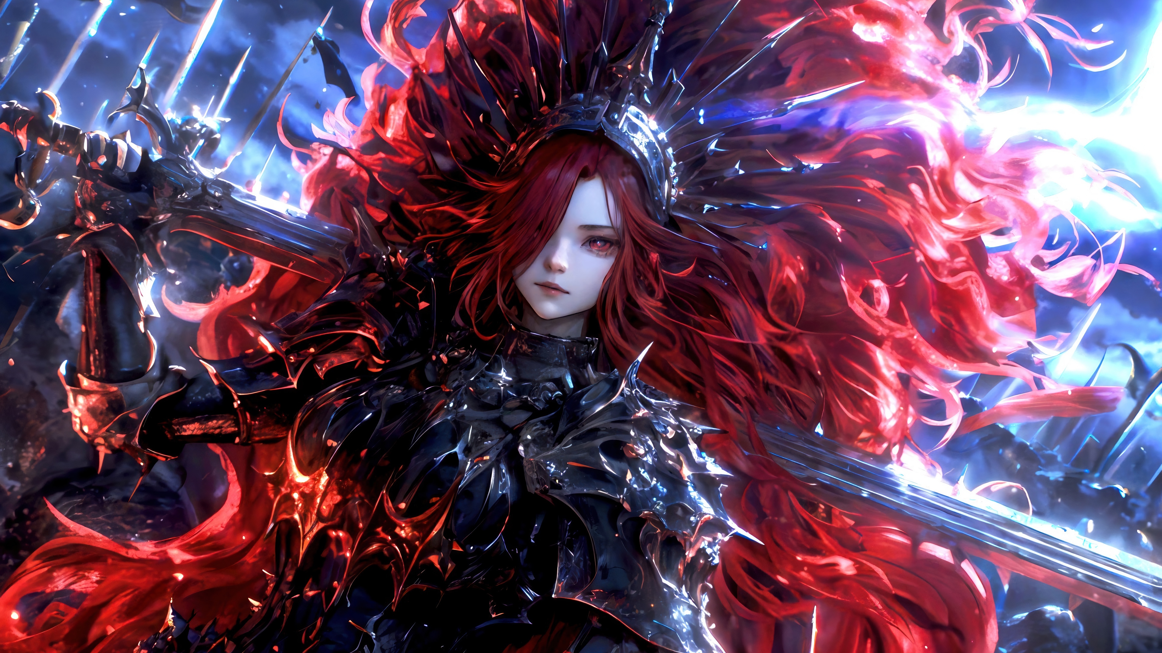 Warrior with Red Hair and Sword in Armor 4K HD Wallpaper