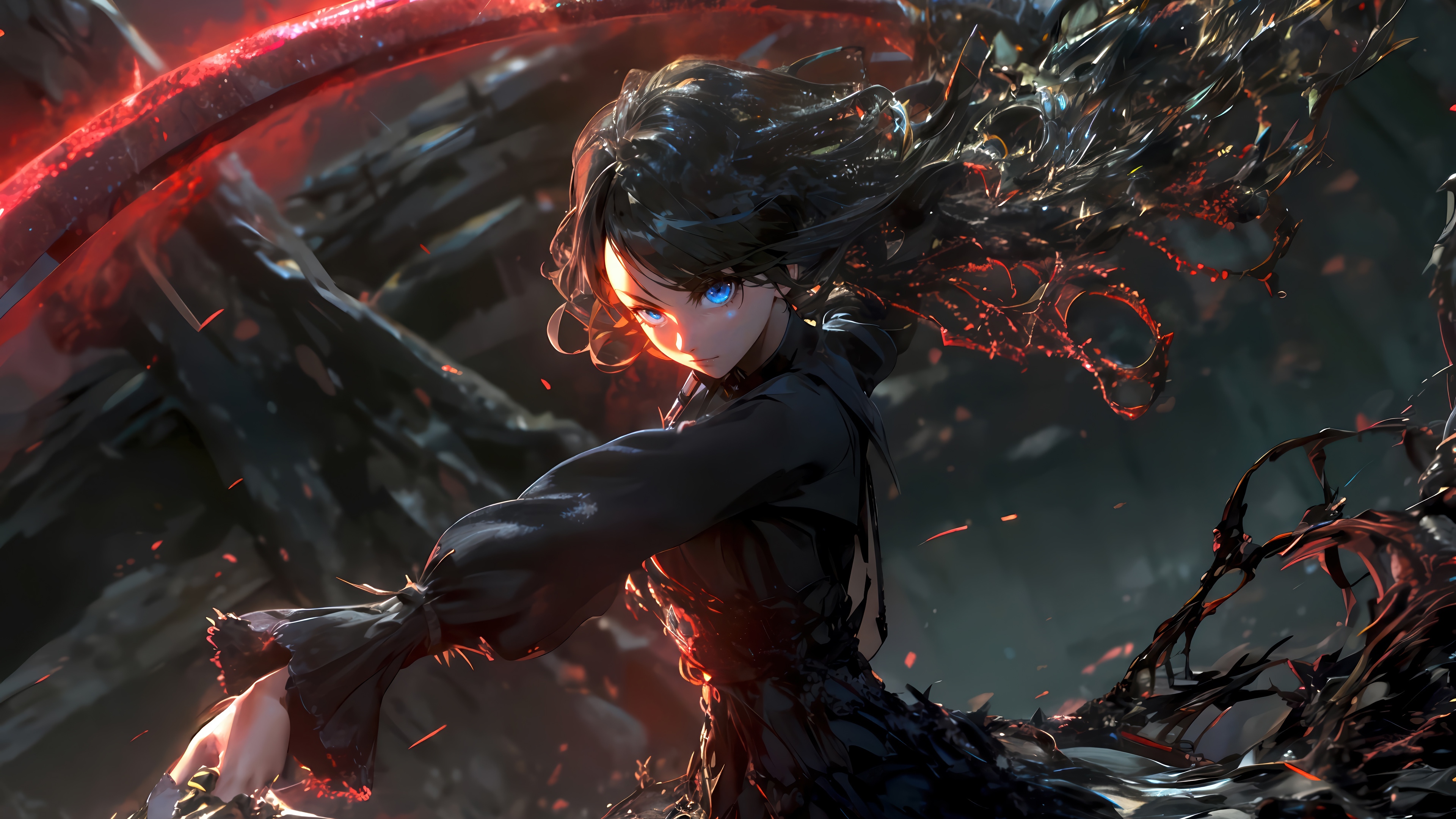Anime Girl with Red Glowing Sword HD Wallpaper