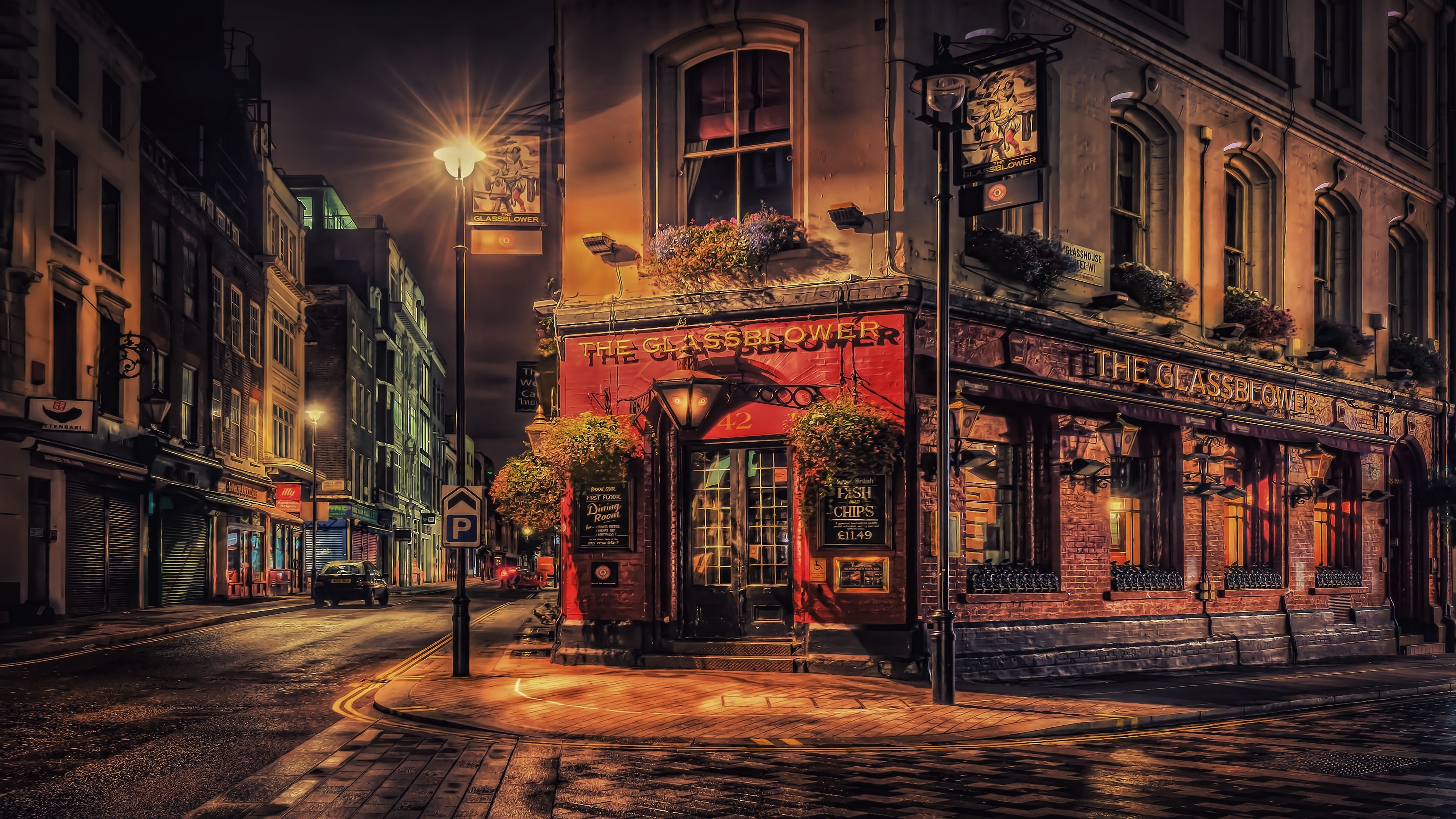 The Glassblower pub at night in London HD Wallpaper