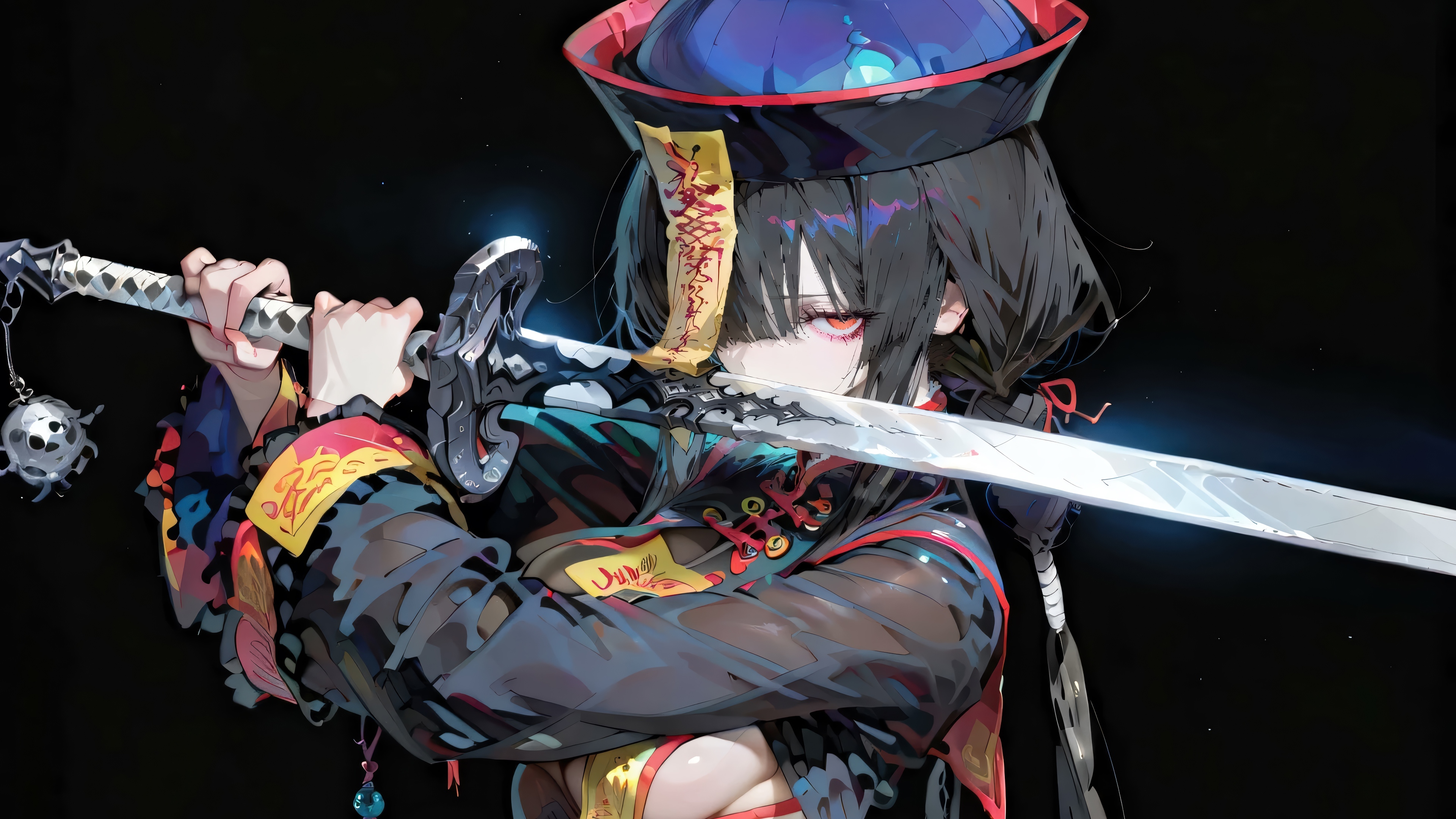 Anime Girl with Sword in Jiangshi Outfit 4K HD Wallpaper