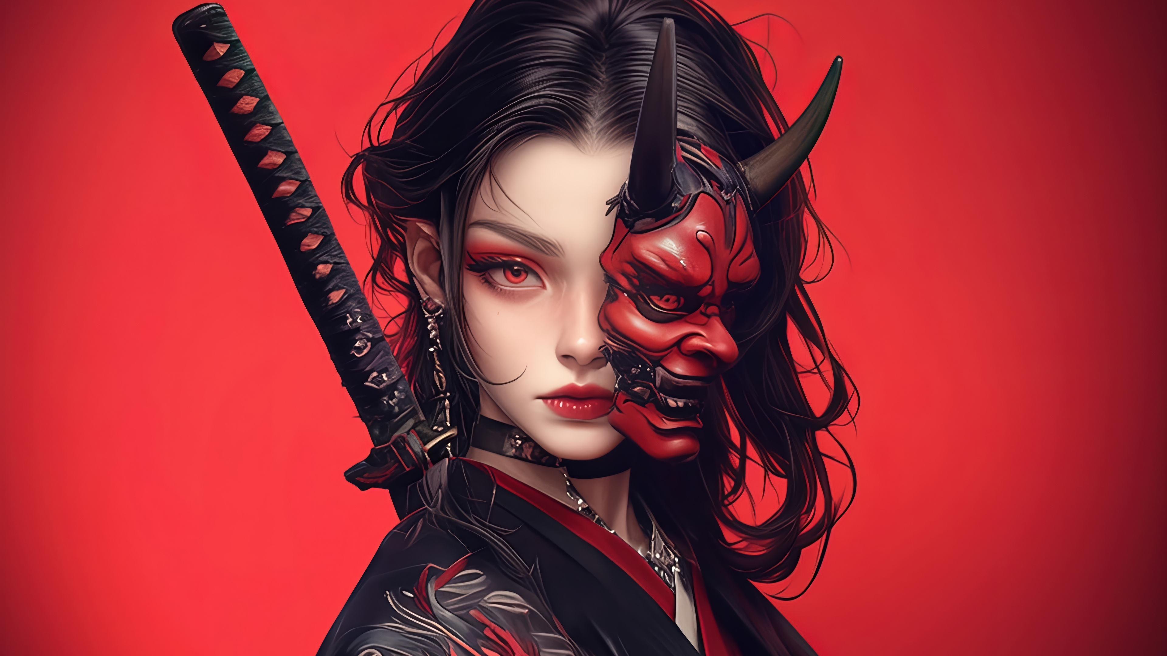 Anime Girl with Oni Mask and Katana 4K HD Wallpaper
