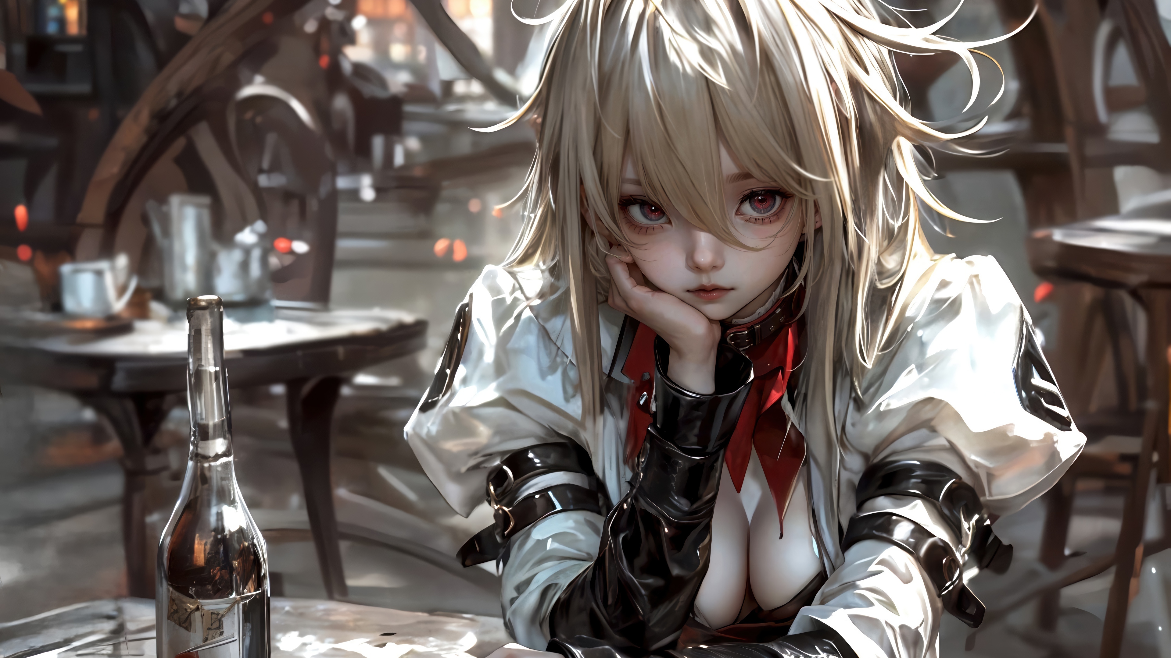 Anime girl in a bar with a bottle HD Wallpaper
