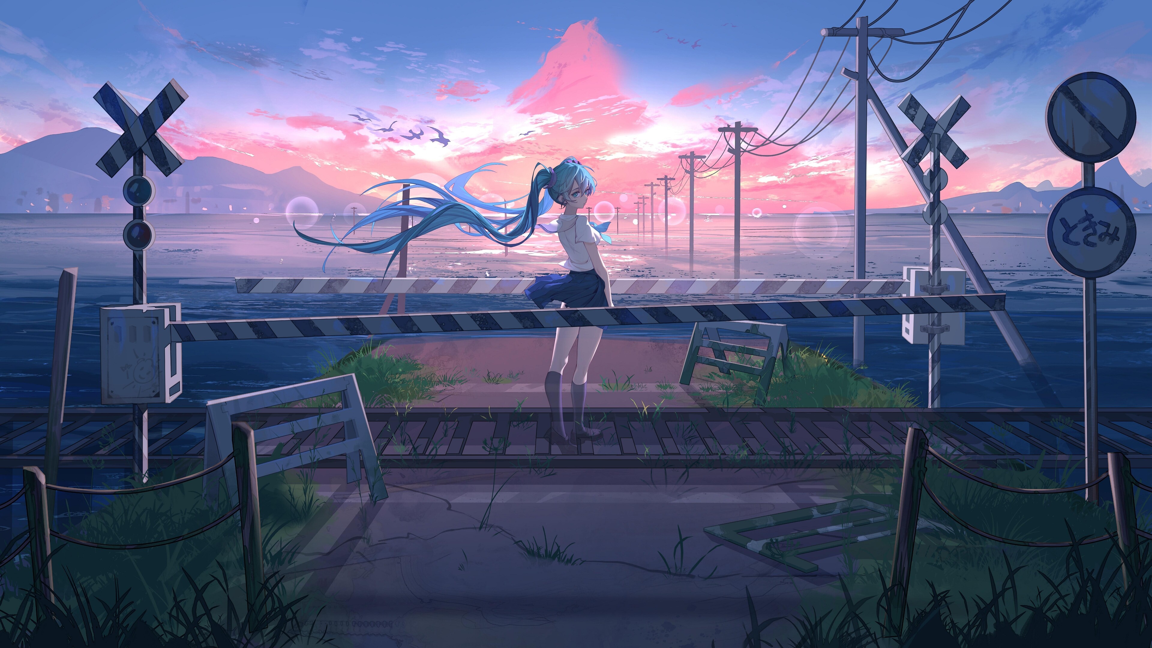 Hatsune Miku at a Railroad Crossing at Sunrise 4K HD Wallpaper