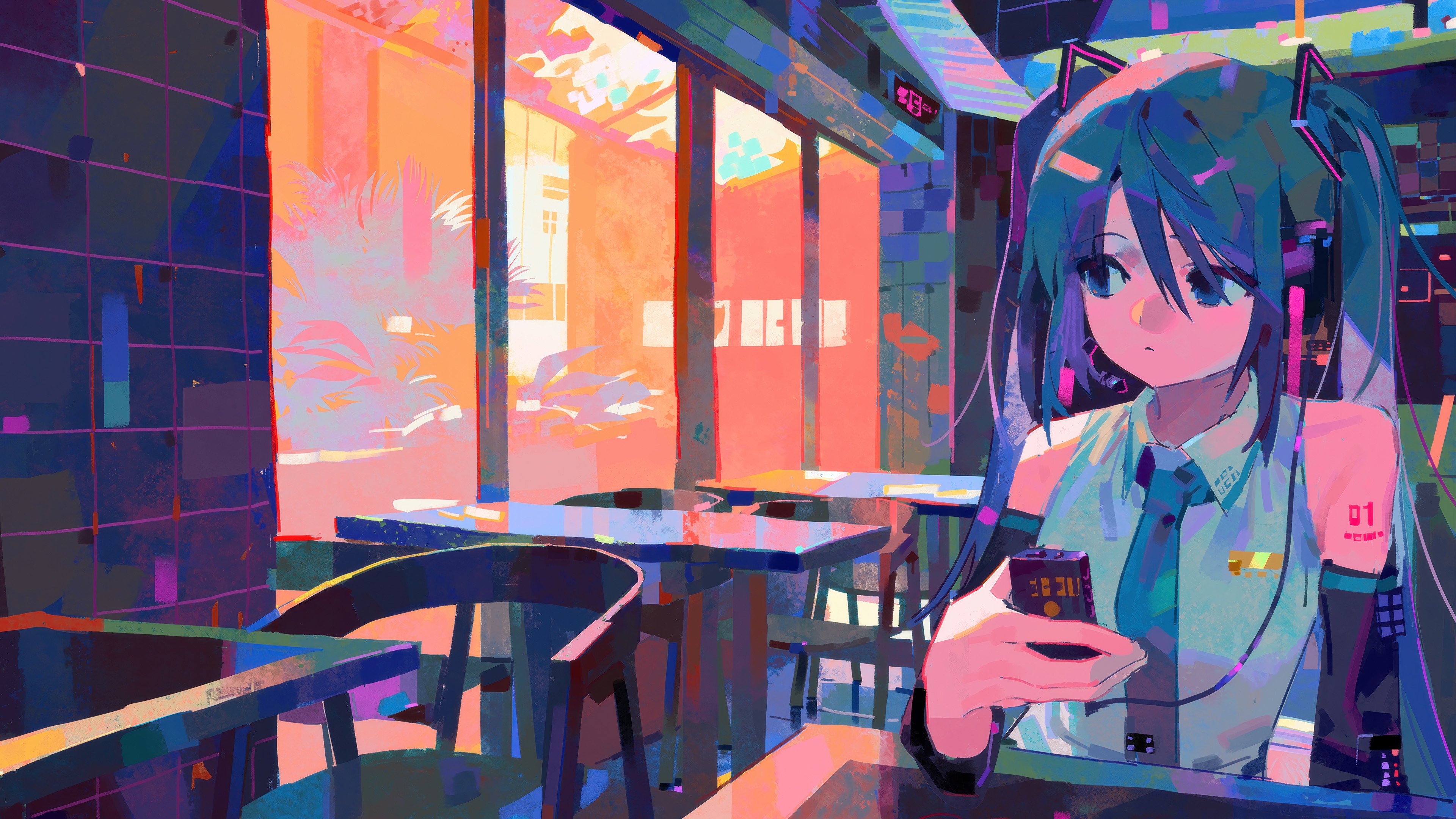 Hatsune Miku in a cafe with a phone HD Wallpaper