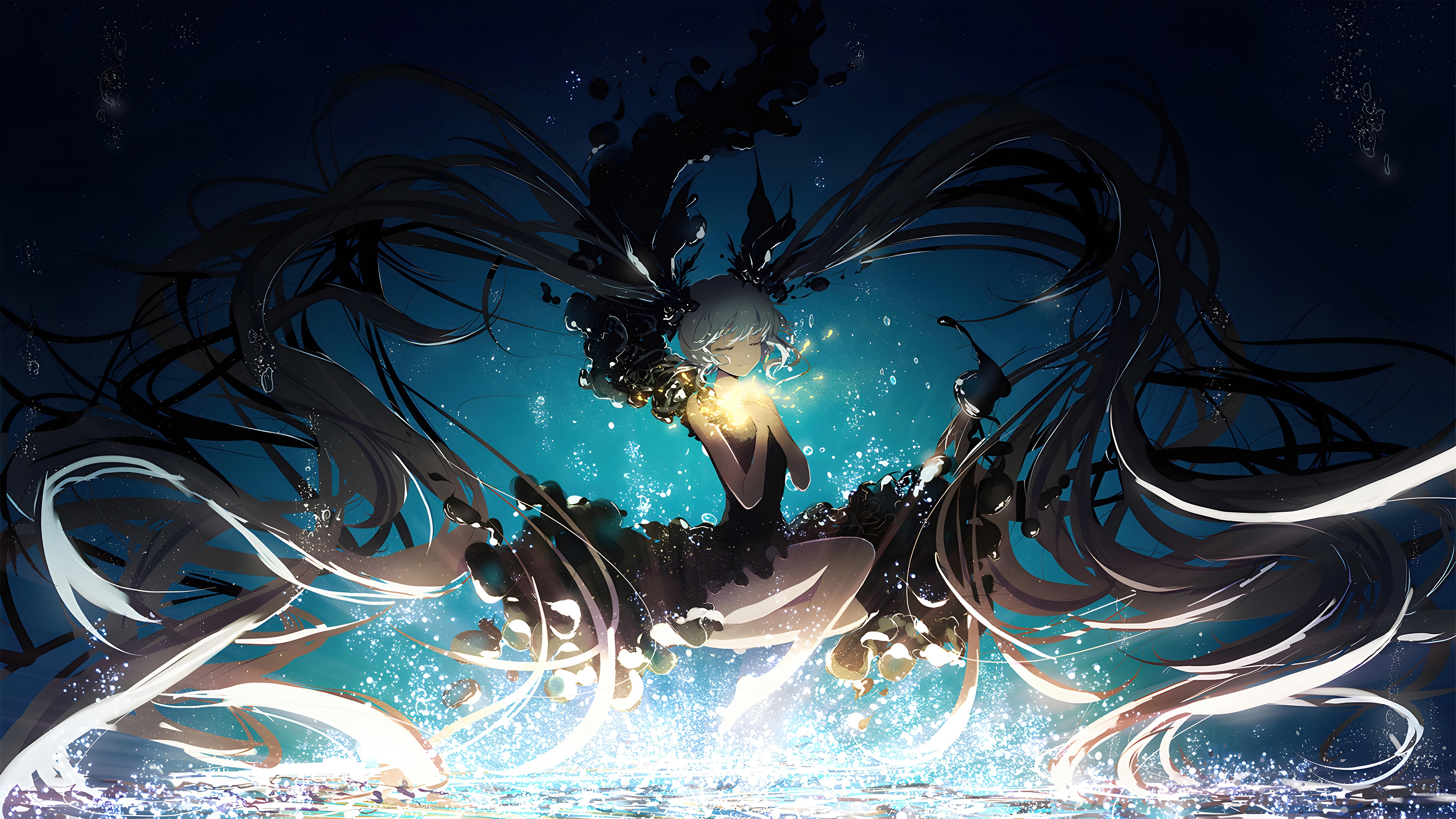 Hatsune Miku in a dark, watery environment with glowing light HD Wallpaper
