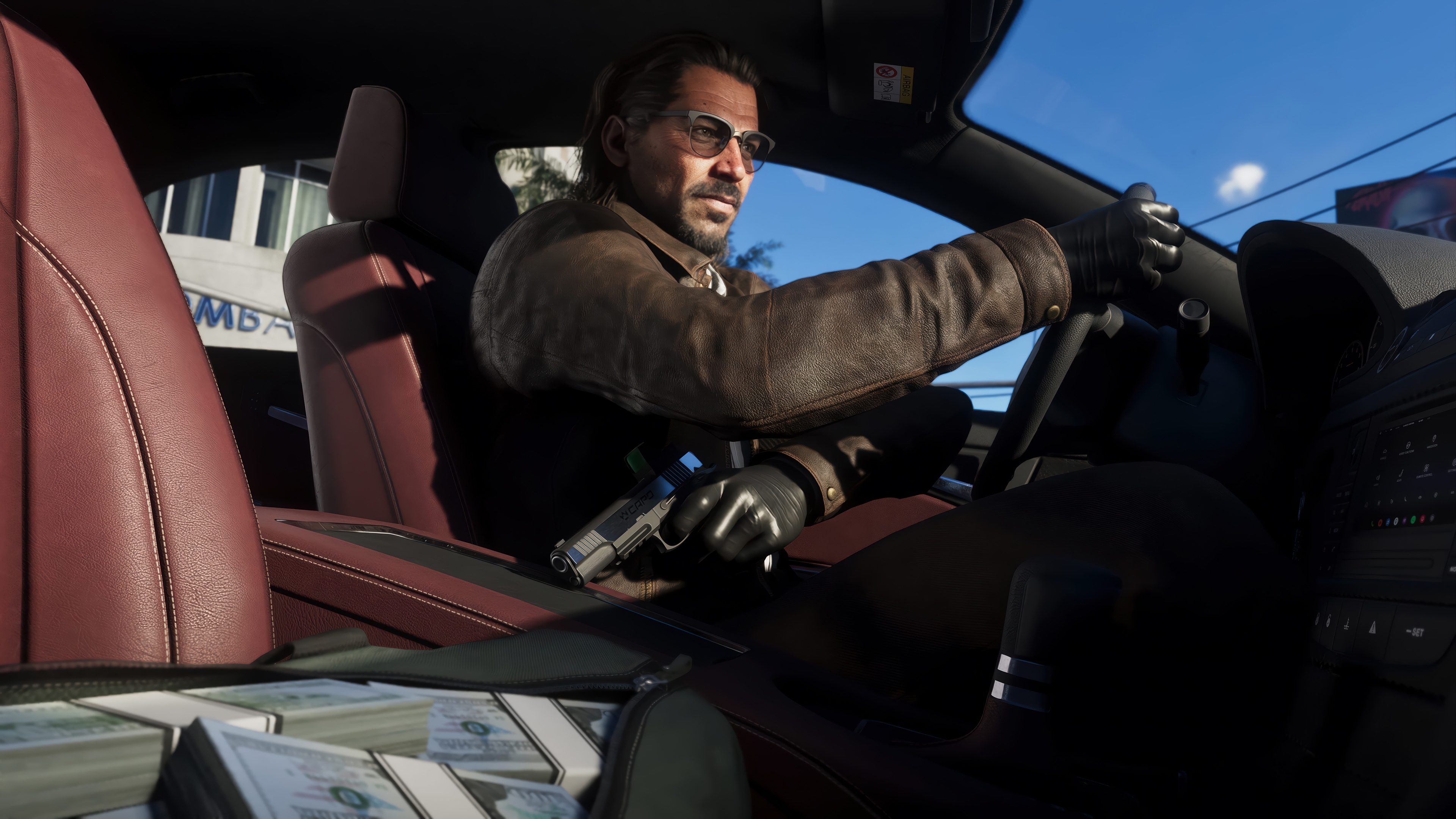 Raul Bautista driving a car with money and gun in GTA 6 4K HD Wallpaper