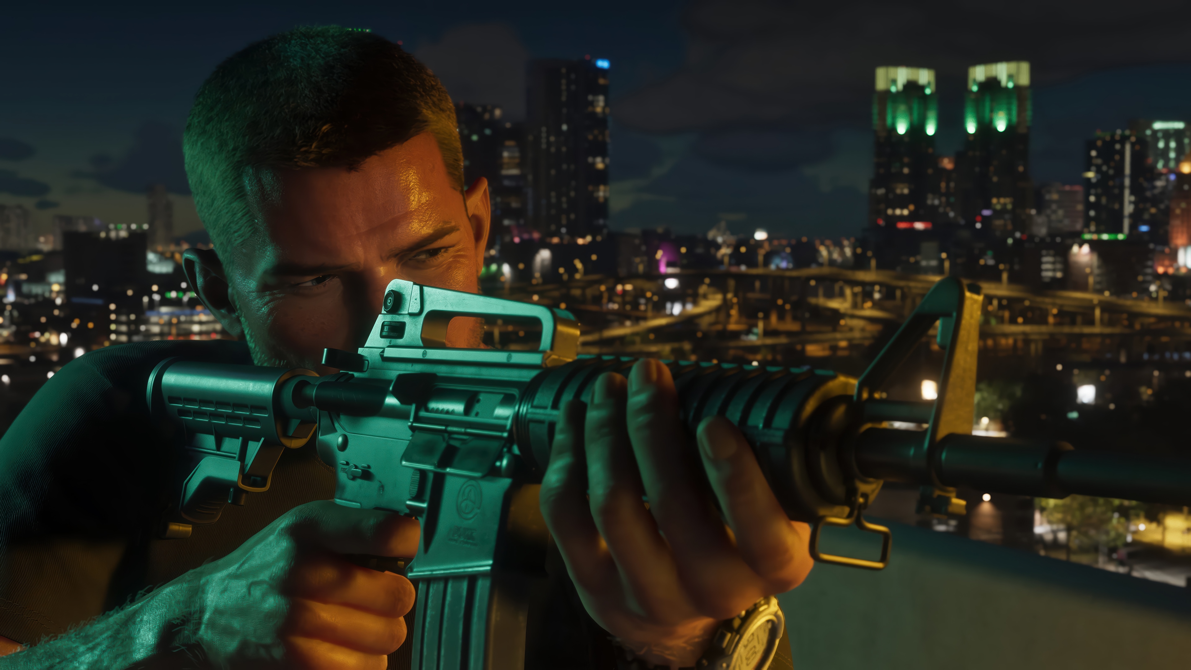 Jason Duval aiming a rifle in Grand Theft Auto 6 4K HD Wallpaper