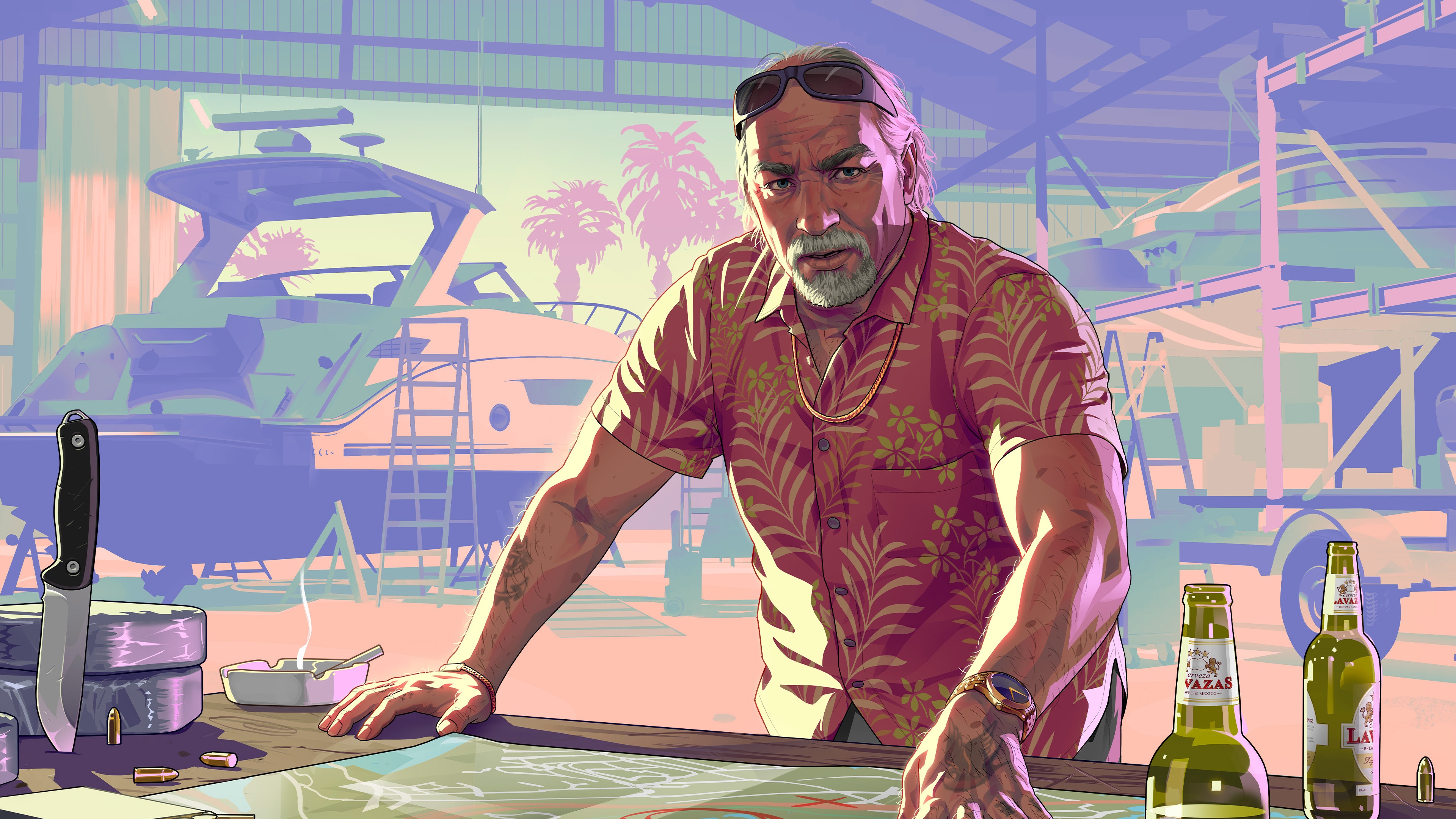 Trevor Philips in a garage with boats and beer HD Wallpaper