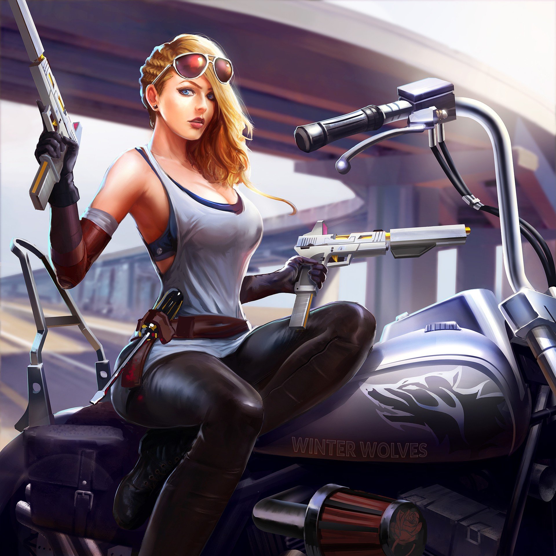 Woman with guns on a futuristic motorcycle HD Wallpaper