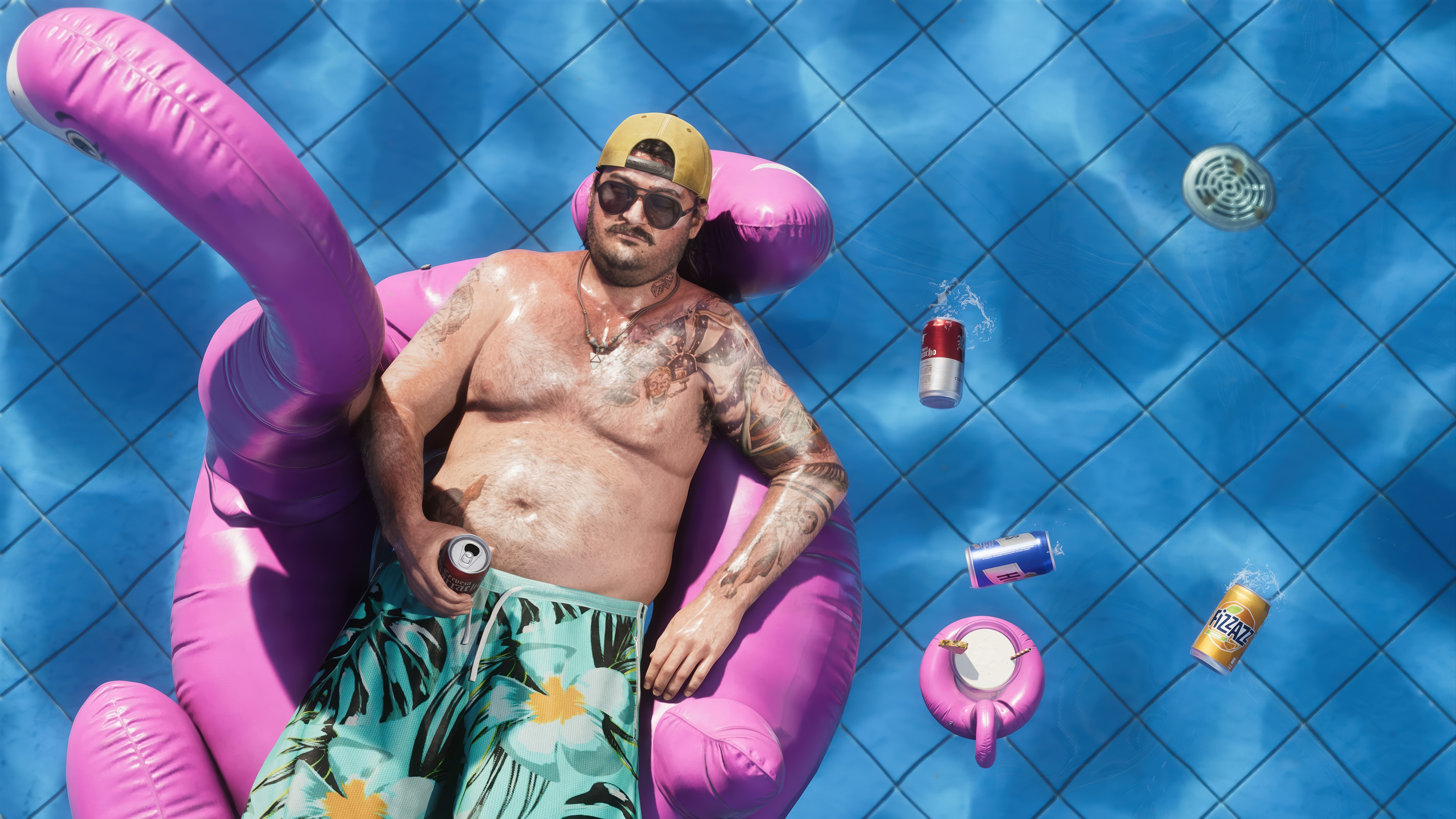 Man relaxing on a flamingo float in a pool with drinks HD Wallpaper