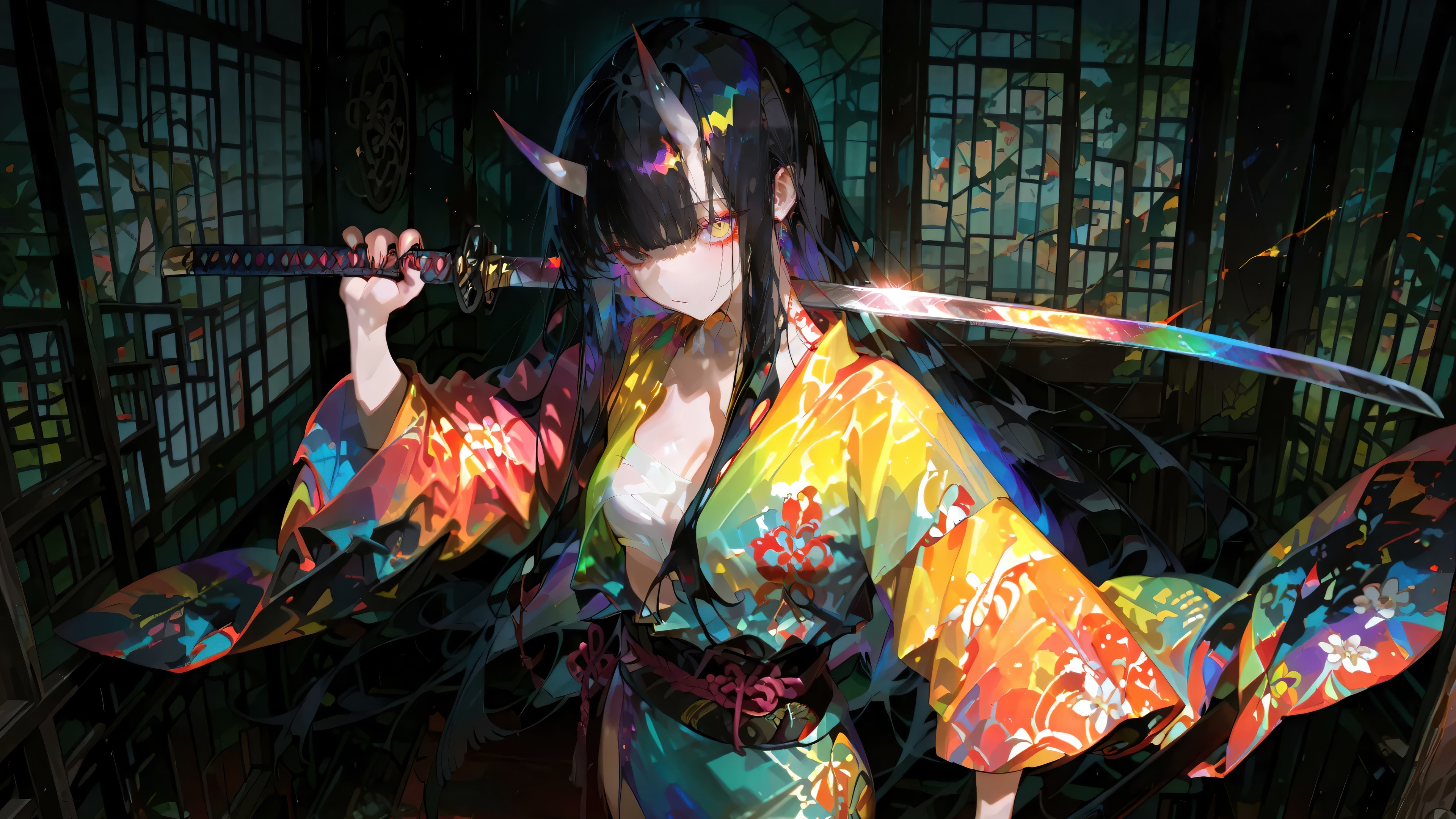 Anime Girl with Horns and Rainbow Katana HD Wallpaper