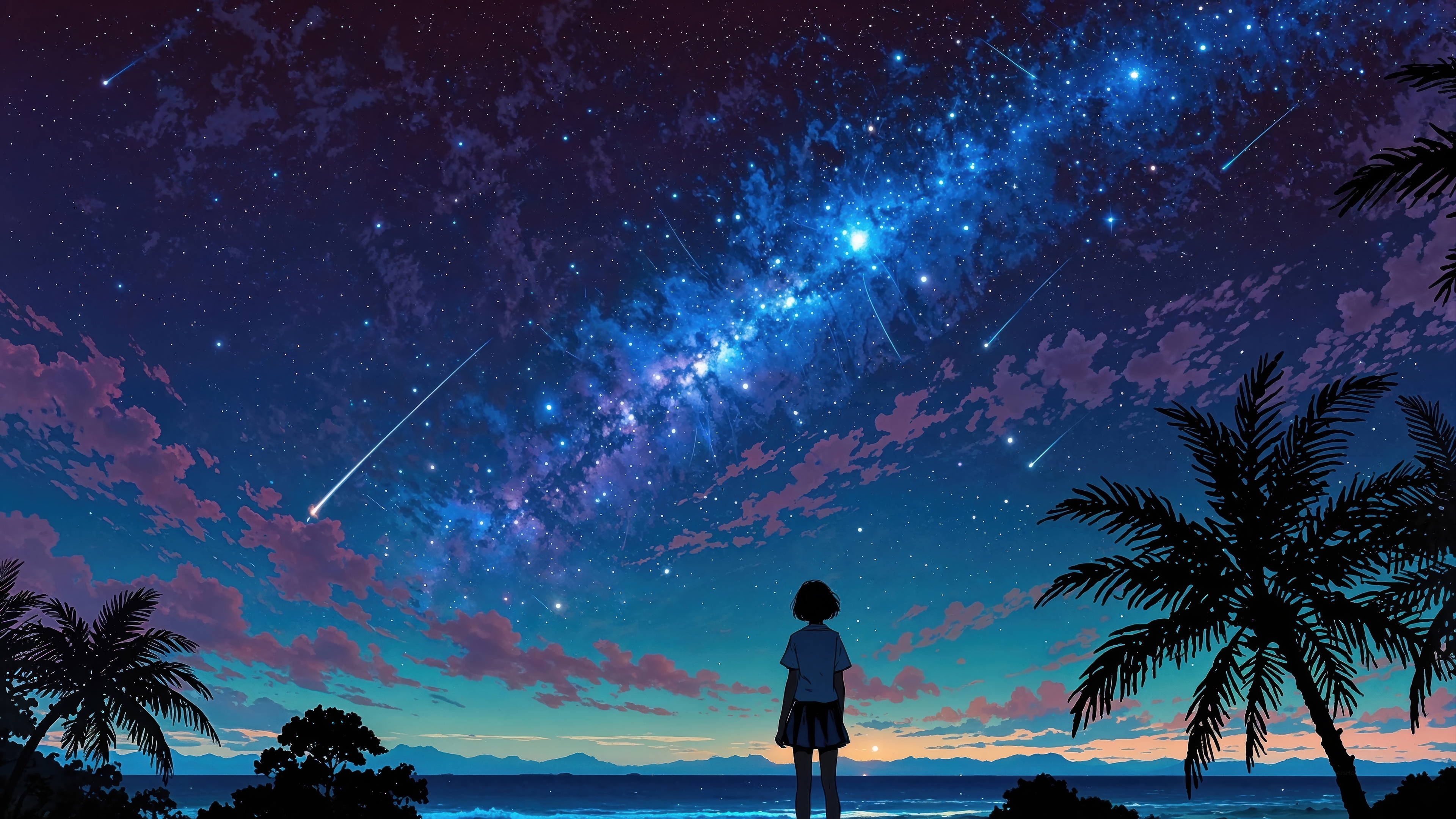 Anime Girl Watching the Milky Way and Shooting Stars 4K HD Wallpaper