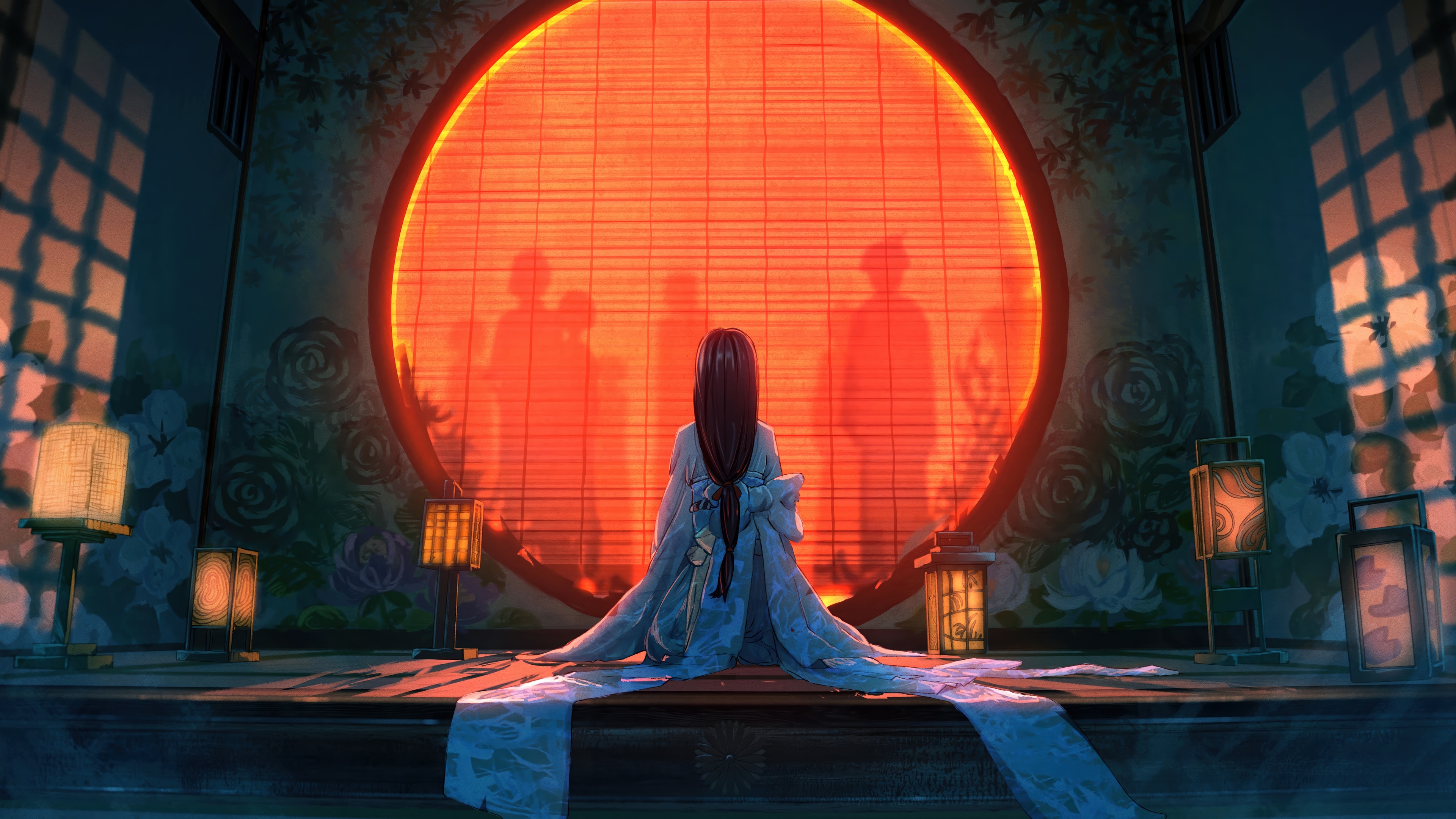 Anime Girl in Kimono in front of a large circular window HD Wallpaper