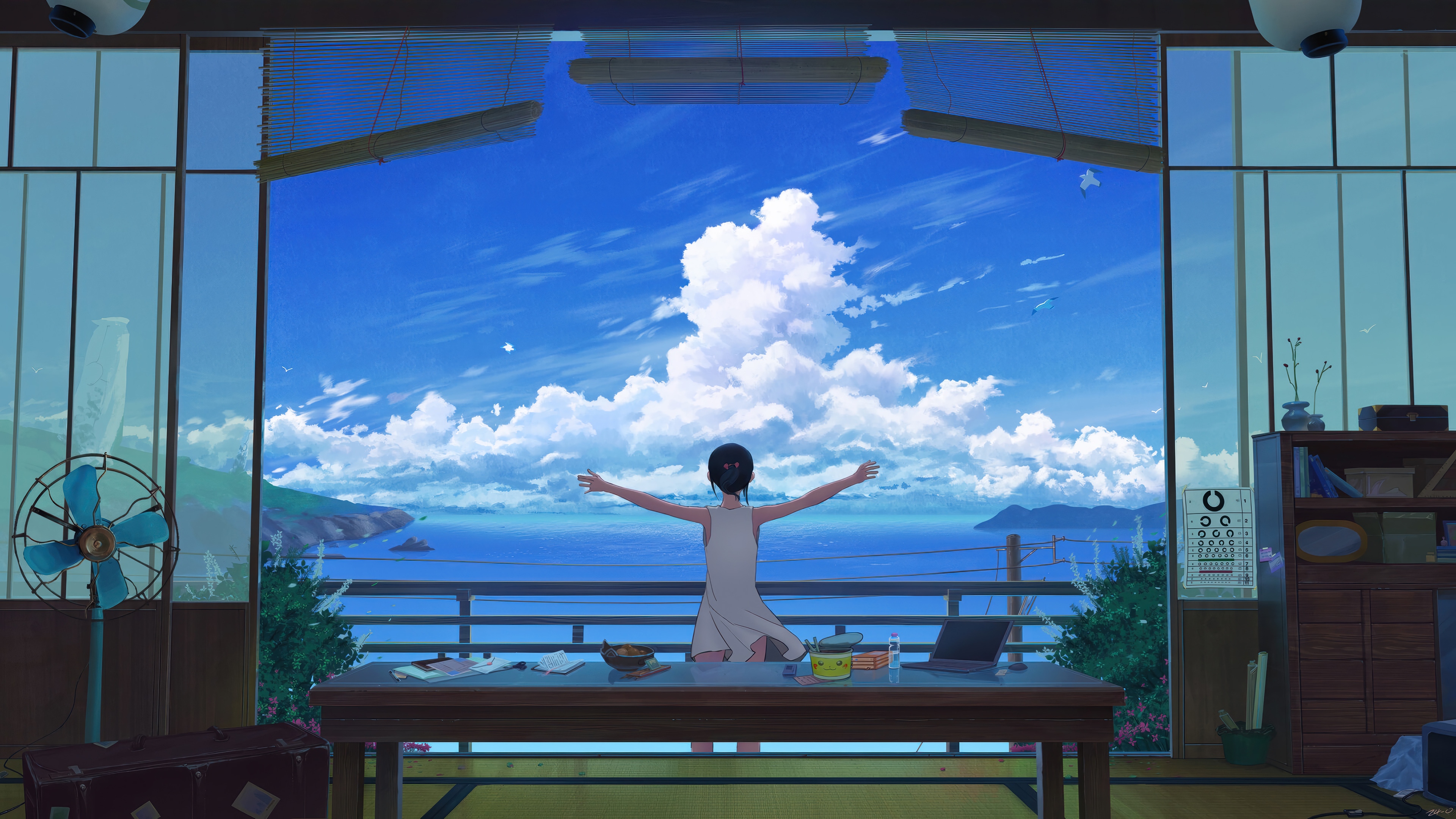 Anime Girl Enjoying Summer Ocean View 4K HD Wallpaper