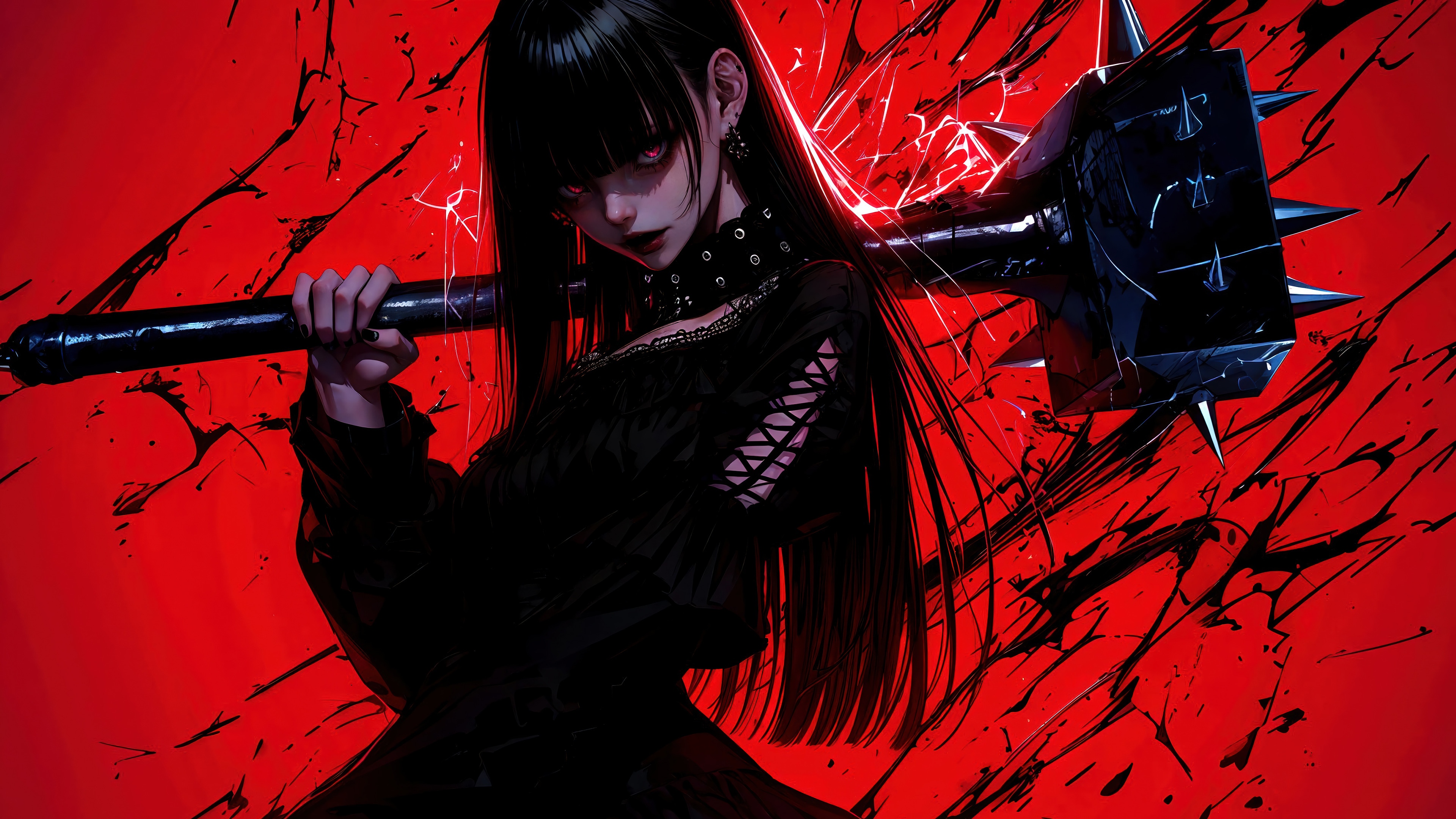 Goth Anime Girl with Spiked Mace 4K HD Wallpaper