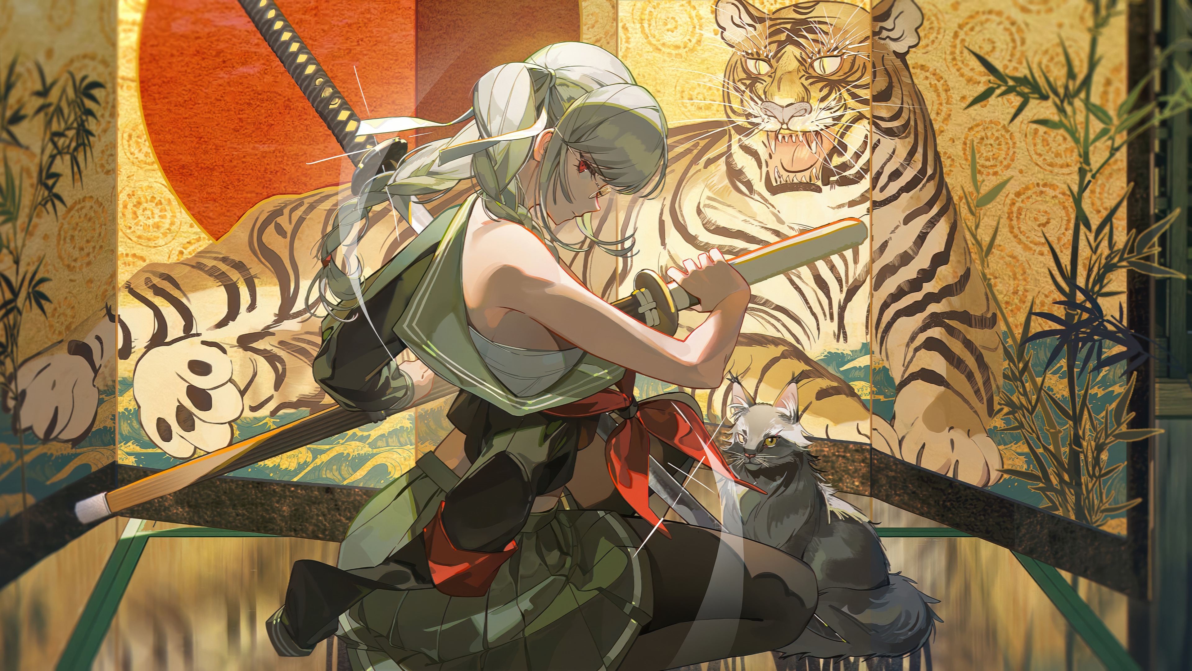 Anime Girl with Katana and Tiger HD Wallpaper