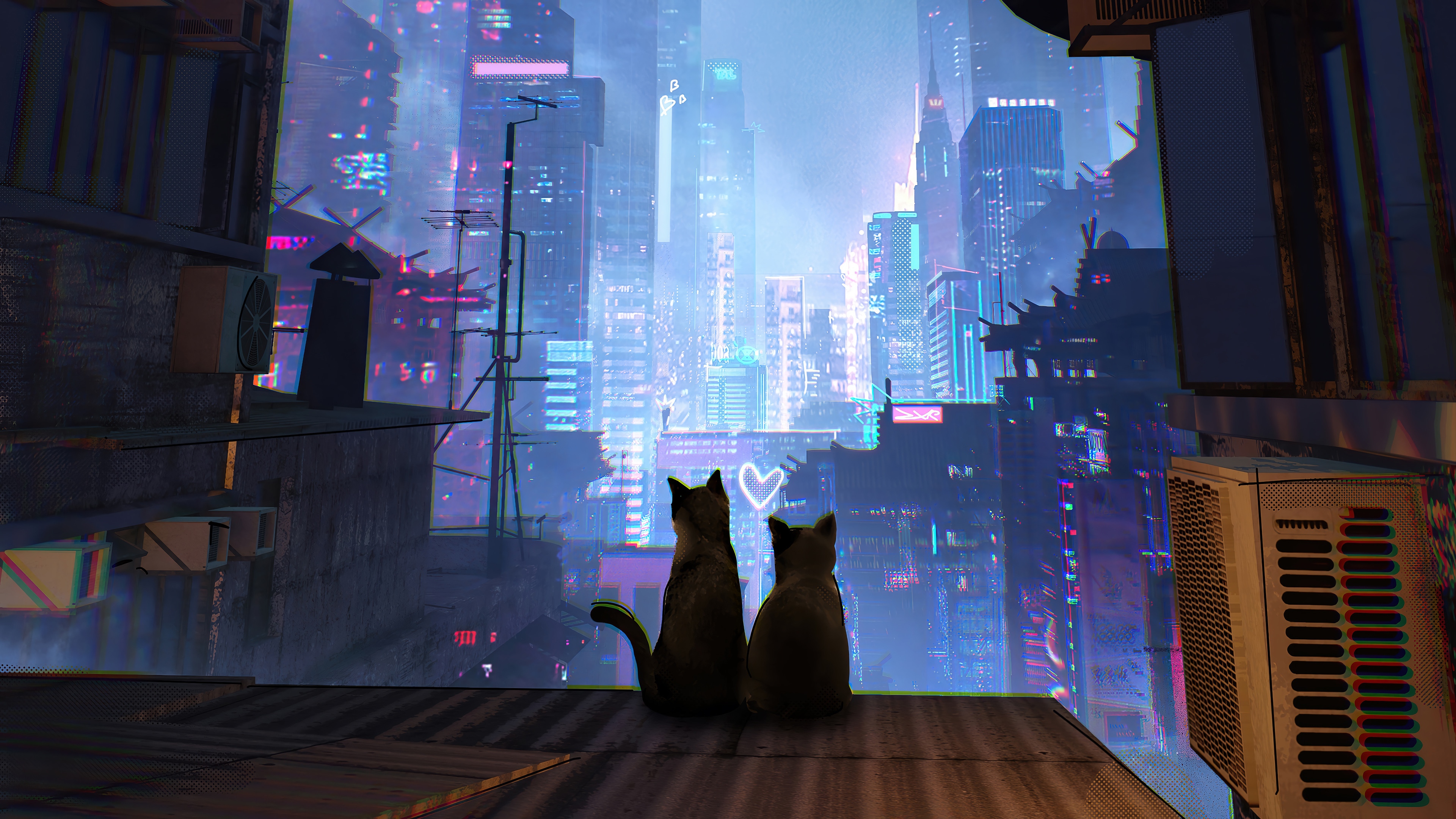 Two Cats Looking at a Neon Cityscape 4K HD Wallpaper