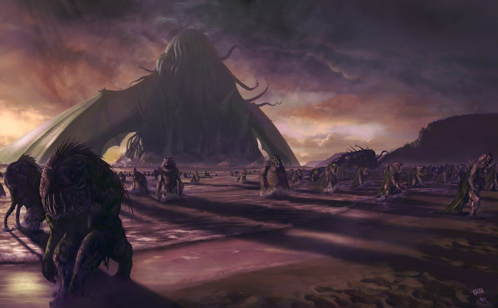 Cthulhu and his minions on a beach HD Wallpaper